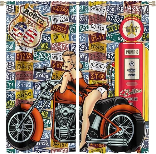 Hazuff Route 66 - Cortinas opacas para placa de matrícula antigua, color negro y rojo, para motocicleta, para mujer, estación de servicio de