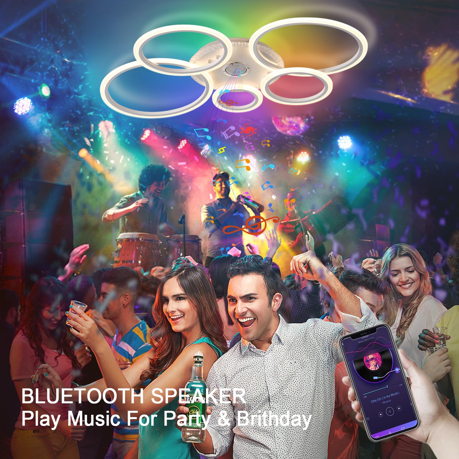 Plafoniera RGB Intelligente Modalità di Memoria e Dimmerabile,Lampadario Soggiorno con Telecomando e App (3000k–6500k),Plafoniere da 95 Cm con Bluetooth Per,Pub,Cabaret,Bar Karaoke