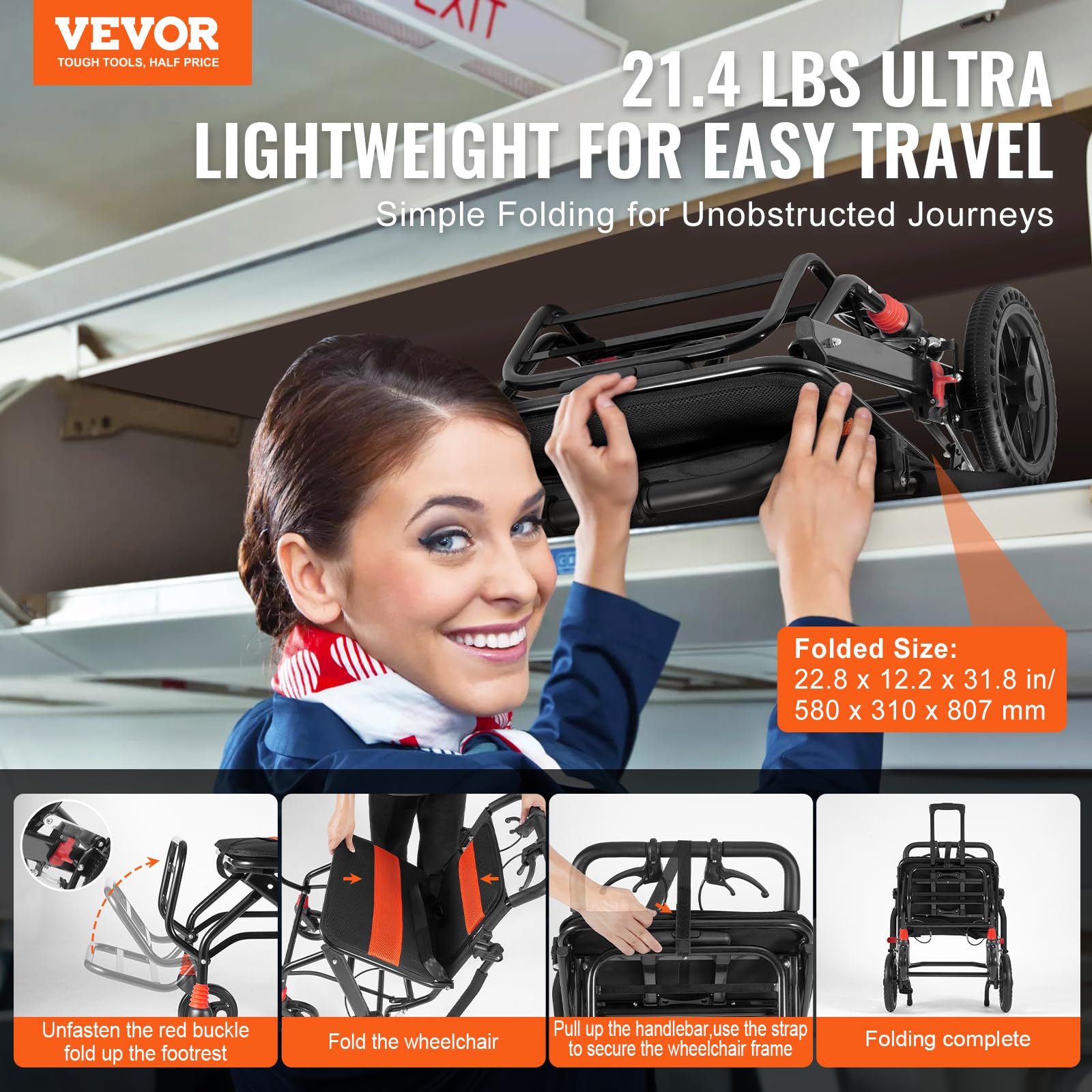 VEVOR Wheelchair, Aluminum Alloy Ultra-Lightweight Transport Chair for Adults, Foldable Wheelchair with Flip-Back Desk-Length Arms, Self-Locking Brake, 18-Inch Wide Seat, 220lbs Weight Capacity