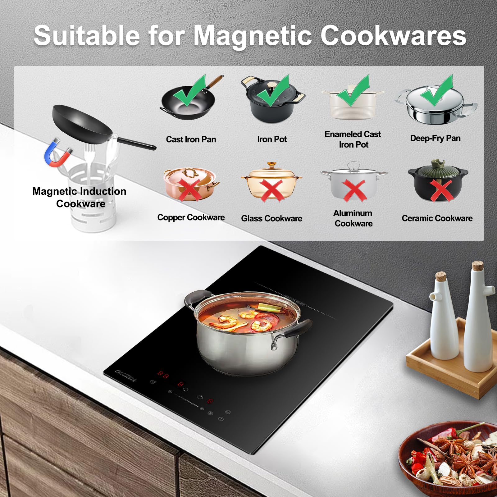 COVERCOOK 2 Ring Electric Hob, Built-in 30 cm Induction Hob, Double Electric Hob with Boost Function, Slider Touch Control, Timer, Child Safety Lock, 9 Power Levels, 3500W, Hard Wired, No Plug — view 7