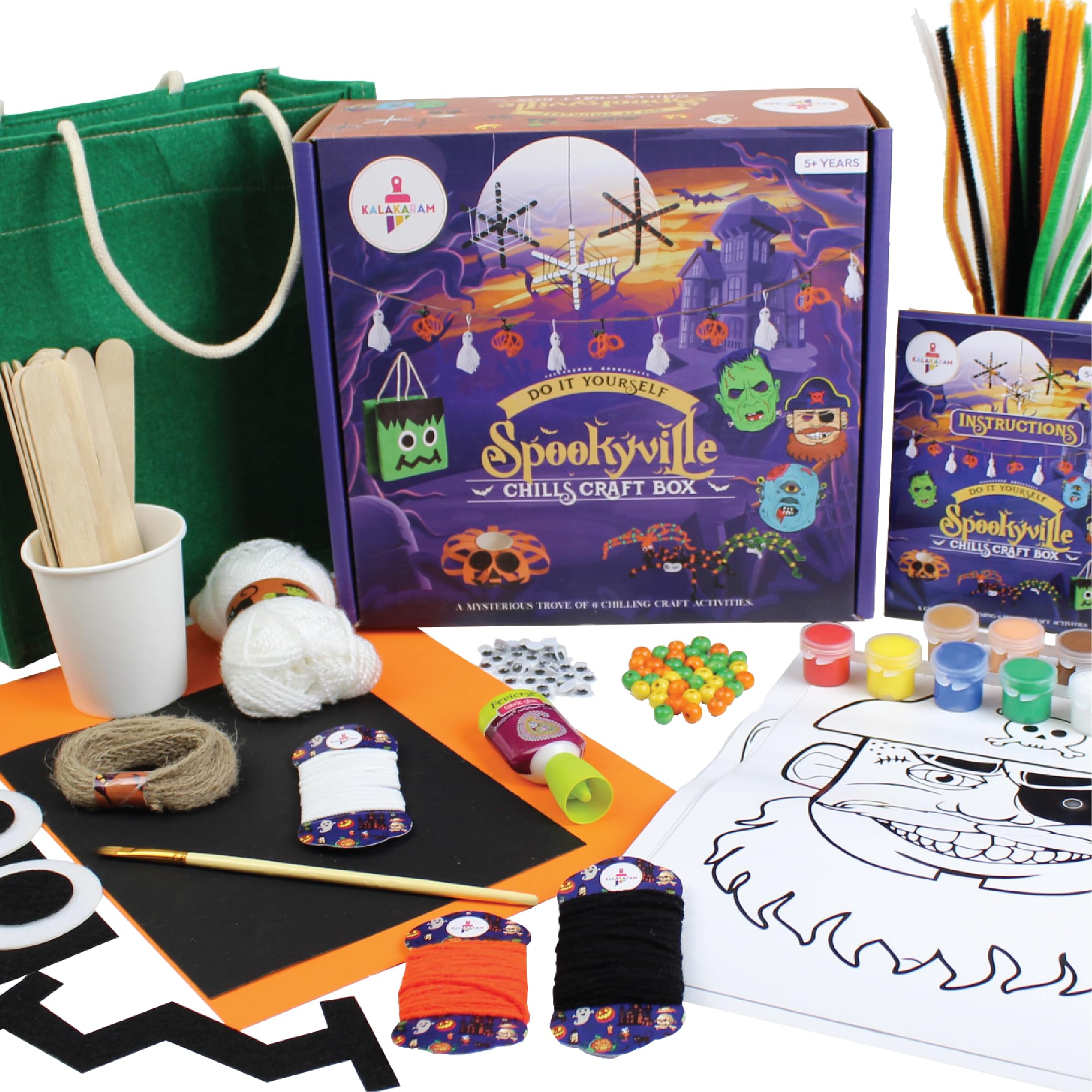 Kalakaram DIY Spookyville Chills Craft Box, Mysterious Trove of 6 Craft Activities, Spooky Bunting, Fur Stick Spiders, Popsicle Spider Webs, Scary Face Mask painting, Felt Trick or Treat Bag and Paper Cup Tealight Holder, DIY Craft Kit for Kids, DIY  (B0B39FTNWC) Amazon Price History, Amazon Price Tracker