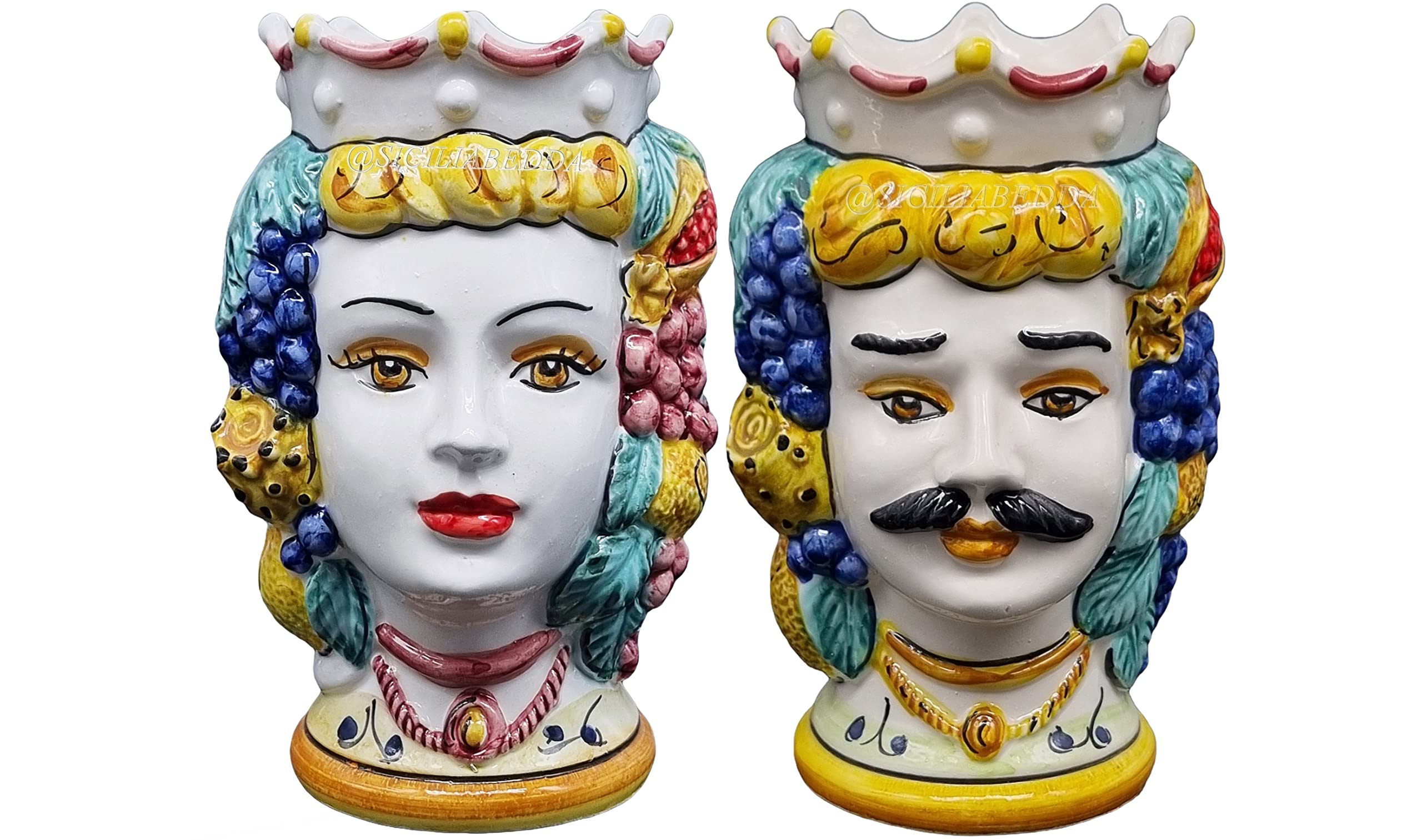 sicilia bedda - Paire de têtes de Moro SICILIENNES en céramique de CALTAGIRONE - Fabriquées à la main - H Centimètres 18 - Élégantes décoration (Couronne rouge)
