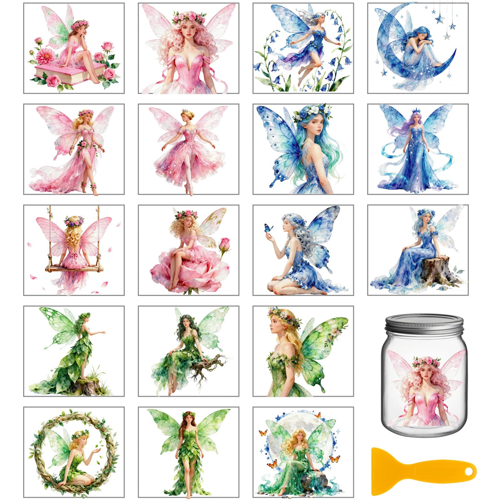 GLOBLELAND 18 Sheets Butterfly Fairy Transfer Stickers 3.9x3.6inch Flowers Fairy Rub on Transfer Stickers Colorful Decal for Furniture Vase Glass Mason Jar Decorations Art Crafts — image 1