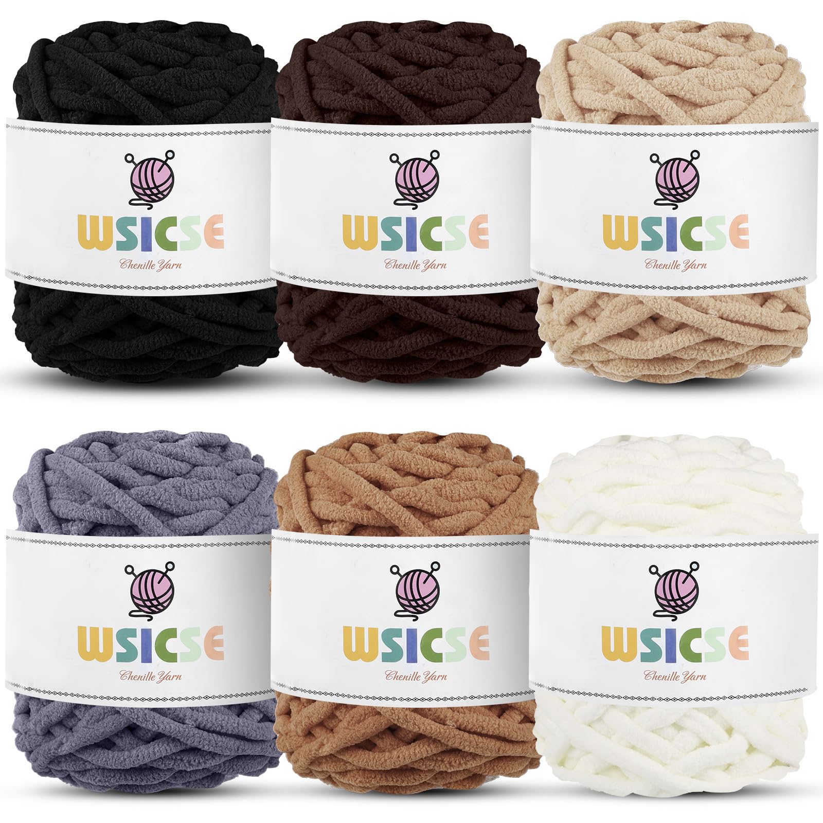 WSICSE Chenille Chunky Yarn, 6 Pack 100g Each 3.5 oz 55 Yards (Brown)