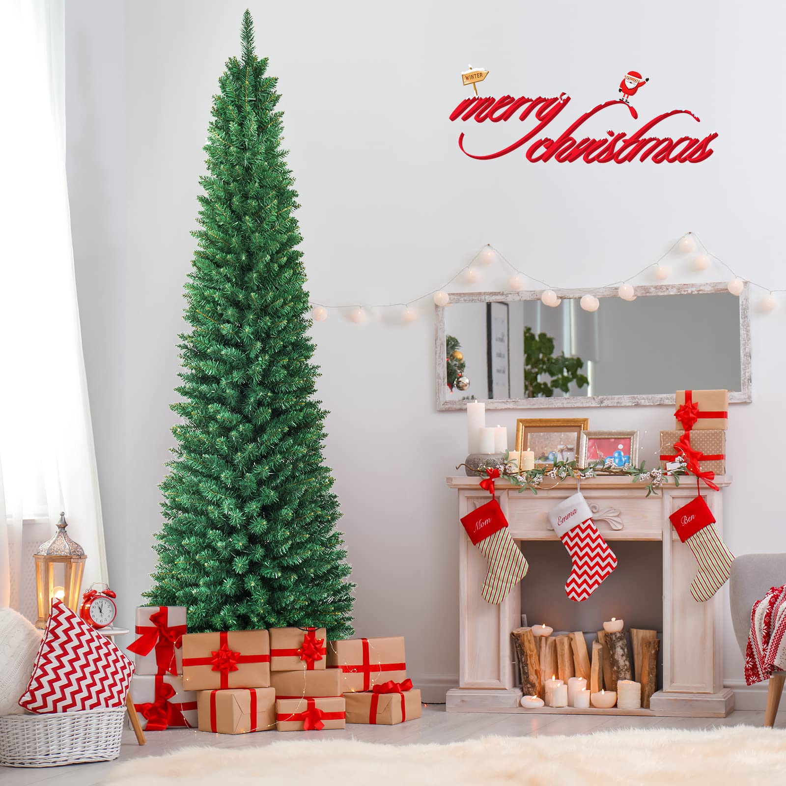 GYMAX Árbol de Navidad Slim 150/180/210/240/270 cm, Estrecho y Alto, con 220/400/700/1000/1500 Ramas de PVC ignífugo, Árbol Artificial con Soporte de Metal, para el Hogar, Tienda, Oficina (270cm)