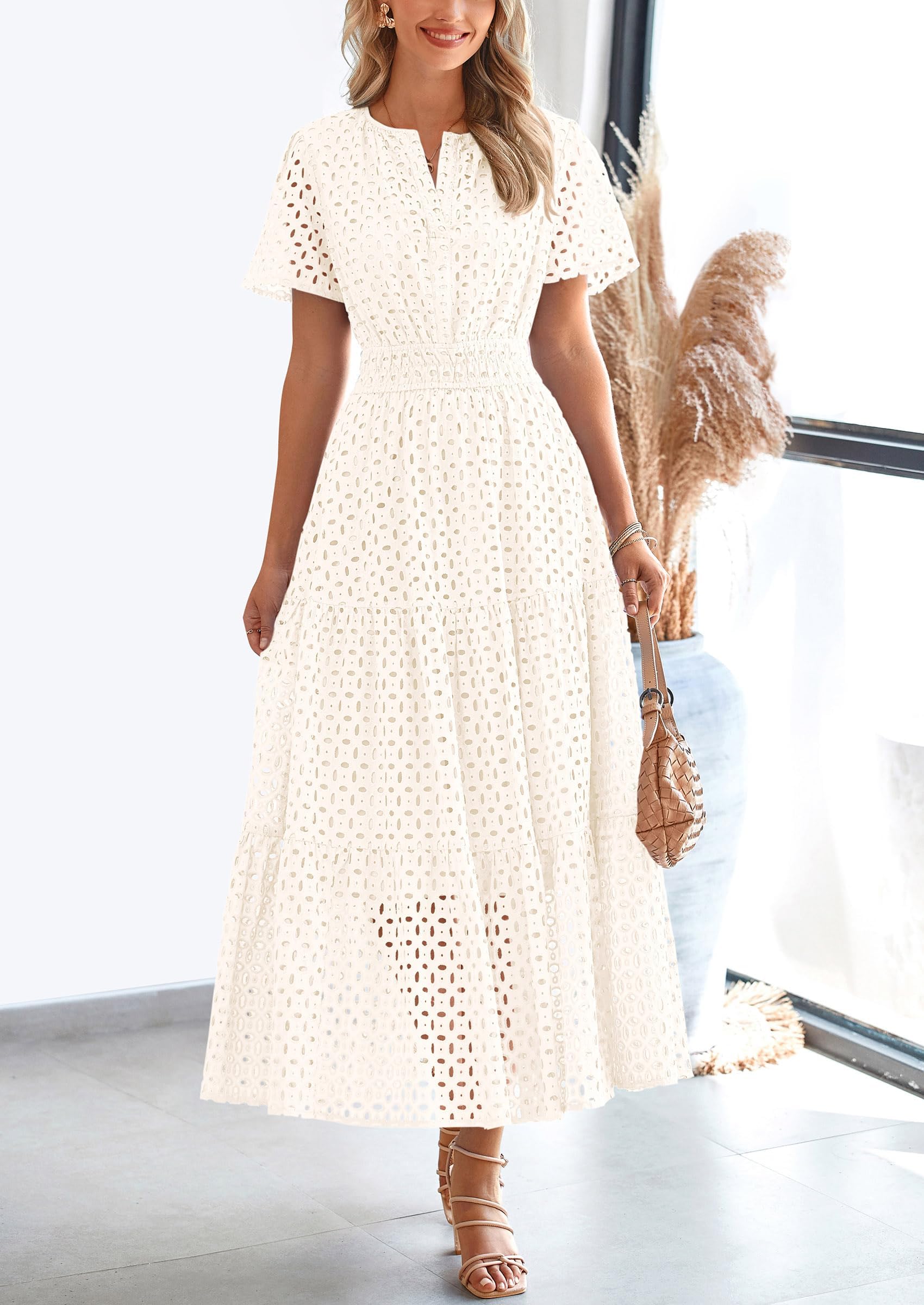 PRETTYGARDEN Womens 2026 Summer Maxi Dress Short Sleeve V Neck Hollow Out Eyelet A Line Long Flowy Beach Vacation Dresses: White Medium