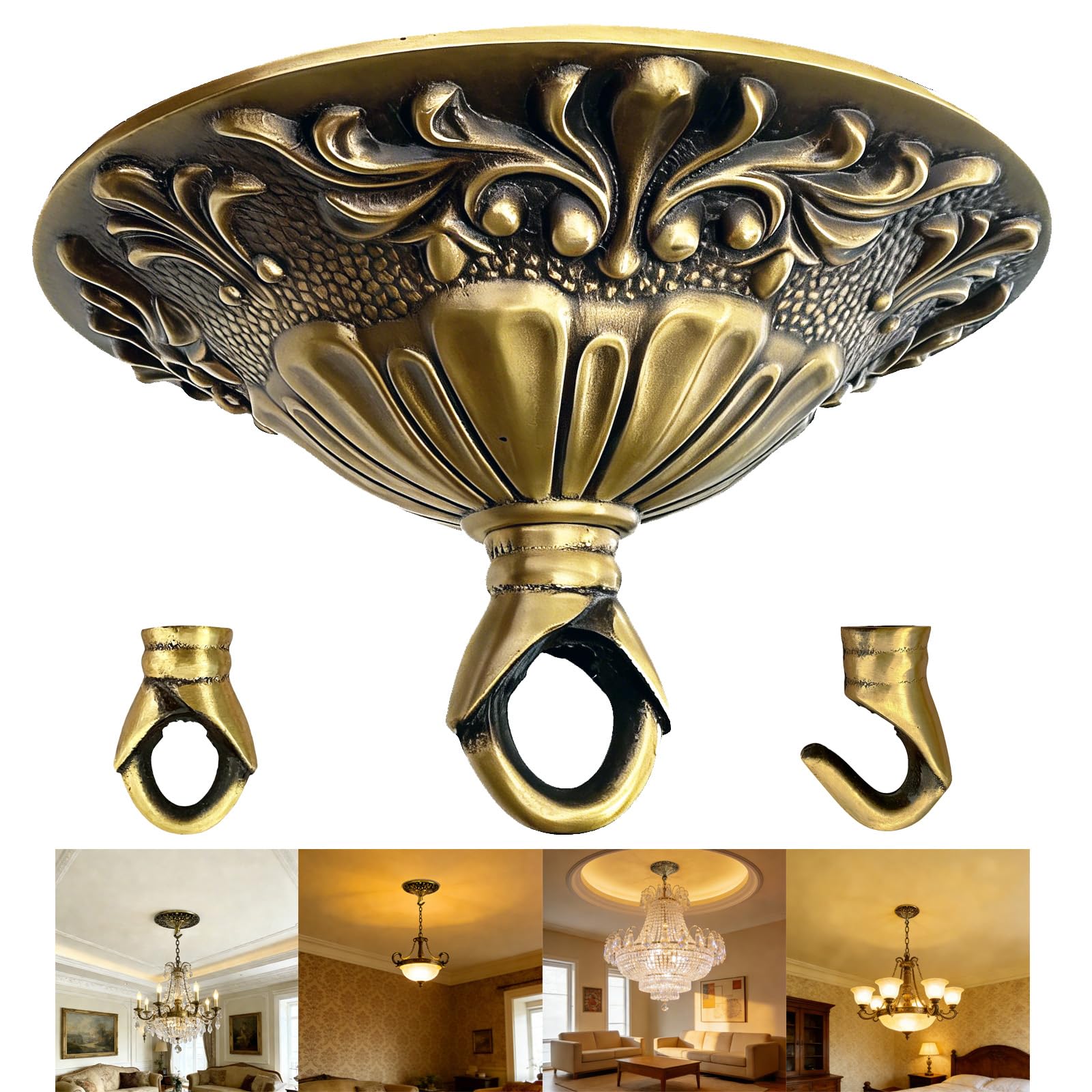 Photo 1 of 5.51" All Copper Ceiling Canopy Cover Plate, Black & Gold Retro Solid Brass Carved Heavy Duty Chandelier Canopy Fixing Base, Light Canopy Kit, Chandelier Parts with Dual Types Ceiling Hooks for Lights