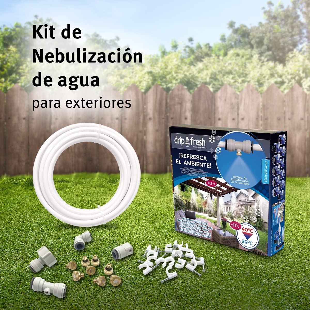 Drip&Fresh C5115N - Kit de Nebulización para Climatizar tu Patio o Terraza - 8 Puntos de Frescor, 10 m de Largo, Multicolor