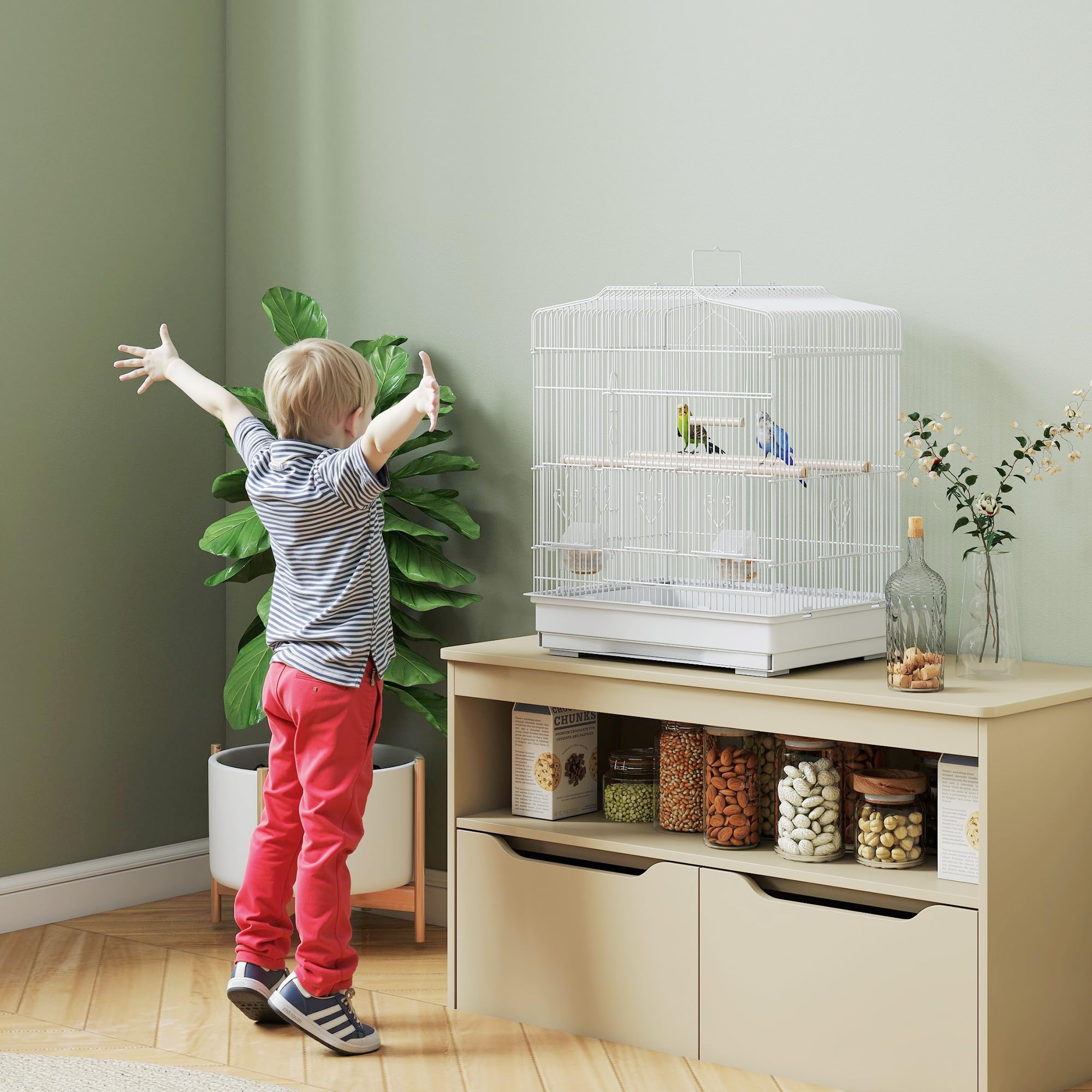 PawHut Vogelkäfig Vogelhaus Vogelvoliere Wellensittich Vogelbauer mit ausnehmbarer Bodenschale Weiß 46,5 x 36 x 59 cm
