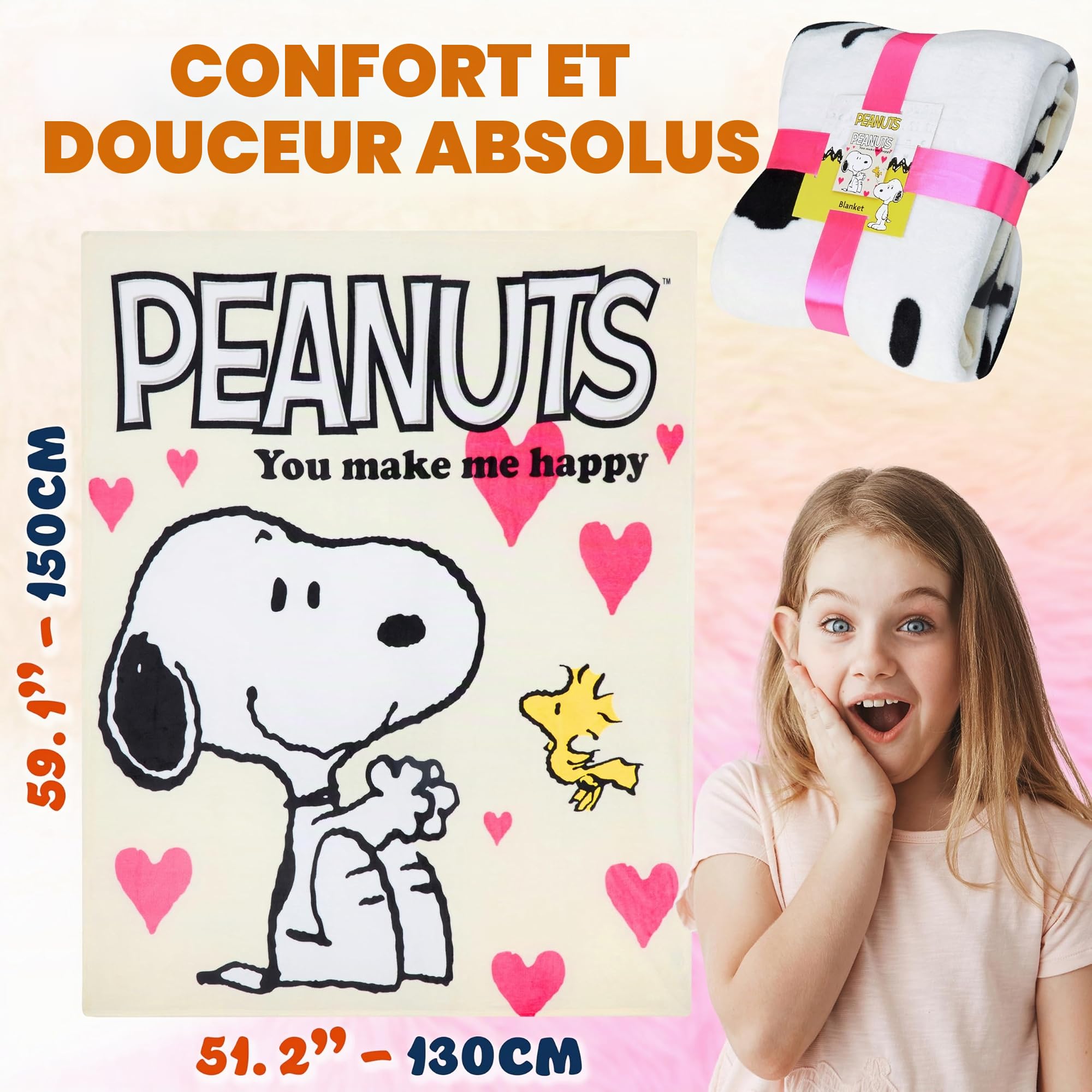 Peanuts Snoopy Couverture Polaire Enfant Adulte Plaid Lit 150x130 cm Ultra Doux et Moelleux Décoration Chambre Idée Cadeau Femme Fille et Ado