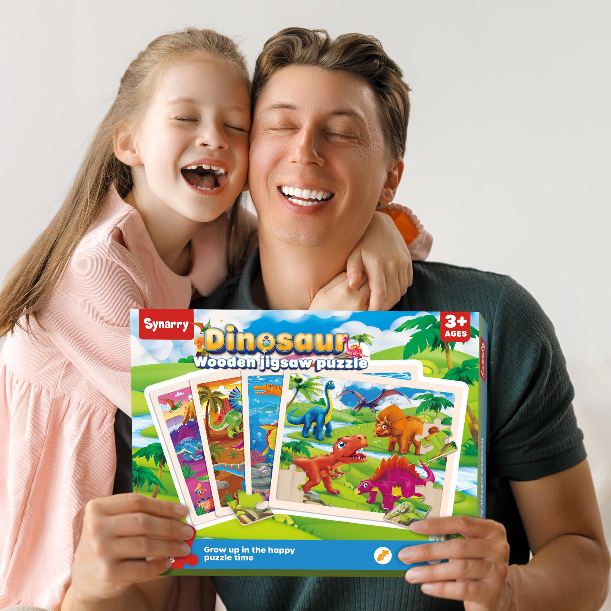 SYNARRY Große Dinosaurier-Holzpuzzle für Kinder, 4 in 1, Geschenkbox, 3-5 Jahre alte Kinder, Dinosaurier-Spielzeug, Geschenke für Kinder von 3-5 Jahren