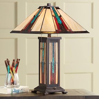 Robert Louis Tiffany Ranier Mission Tiffany Style Table Lamp with Nightlight 25" High Bronze Brown Antique Stained Art Glass for Cottage Core Living Room Bedroom House Bedside Nightstand Home Family