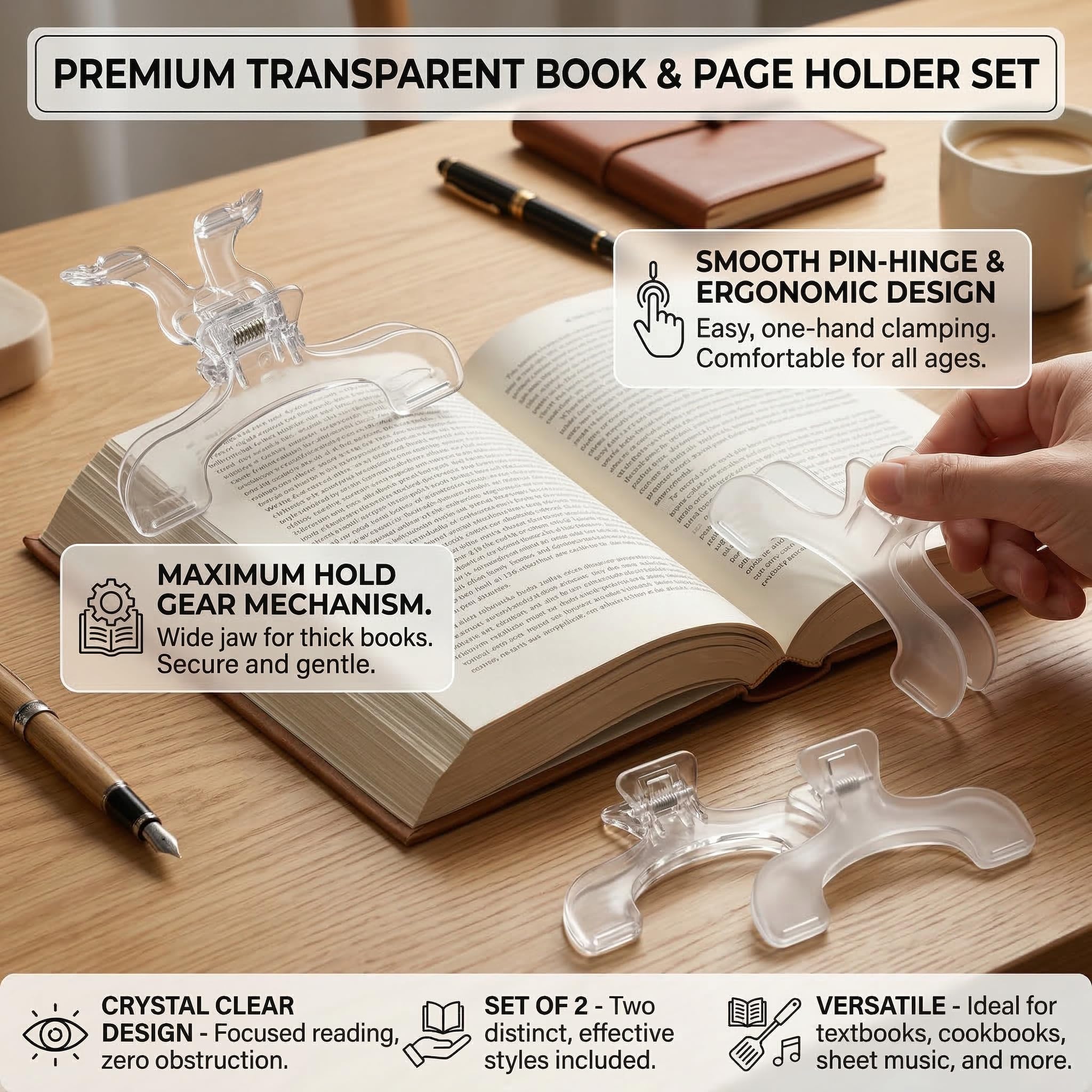 Clip de Libro Transparente 2 Piezas, sujetapáginas U de plástico Resistente con Soporte, Accesorio Lectura Manos Libres para Libros, revistas y Recetas, Ideal para Estudio, Cocina y Oficina