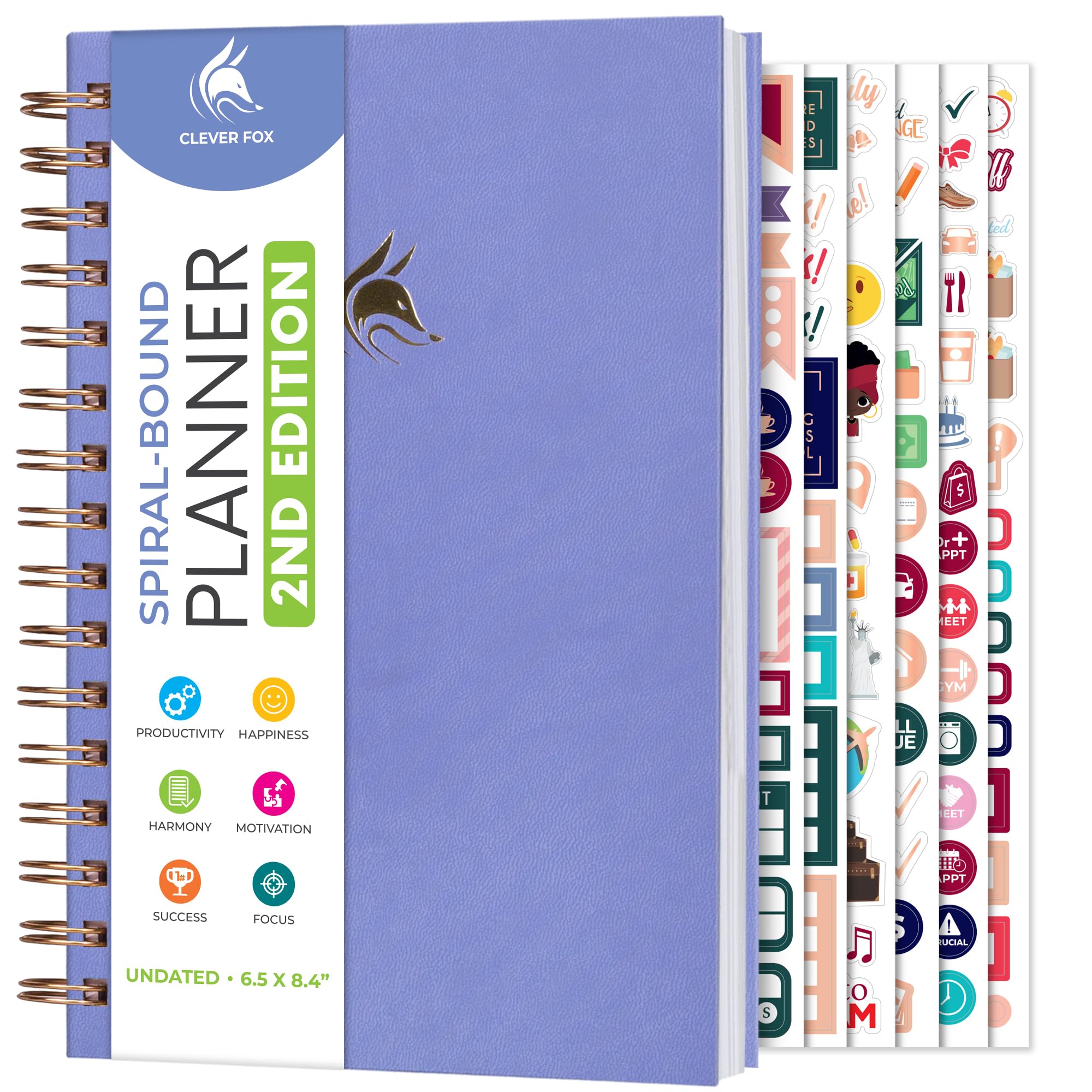 Clever Fox Planner 2a edizione a spirale – Pianificatore settimanale e mensile per obiettivi colorati, gestione del tempo e produttività, senza data (lavanda)