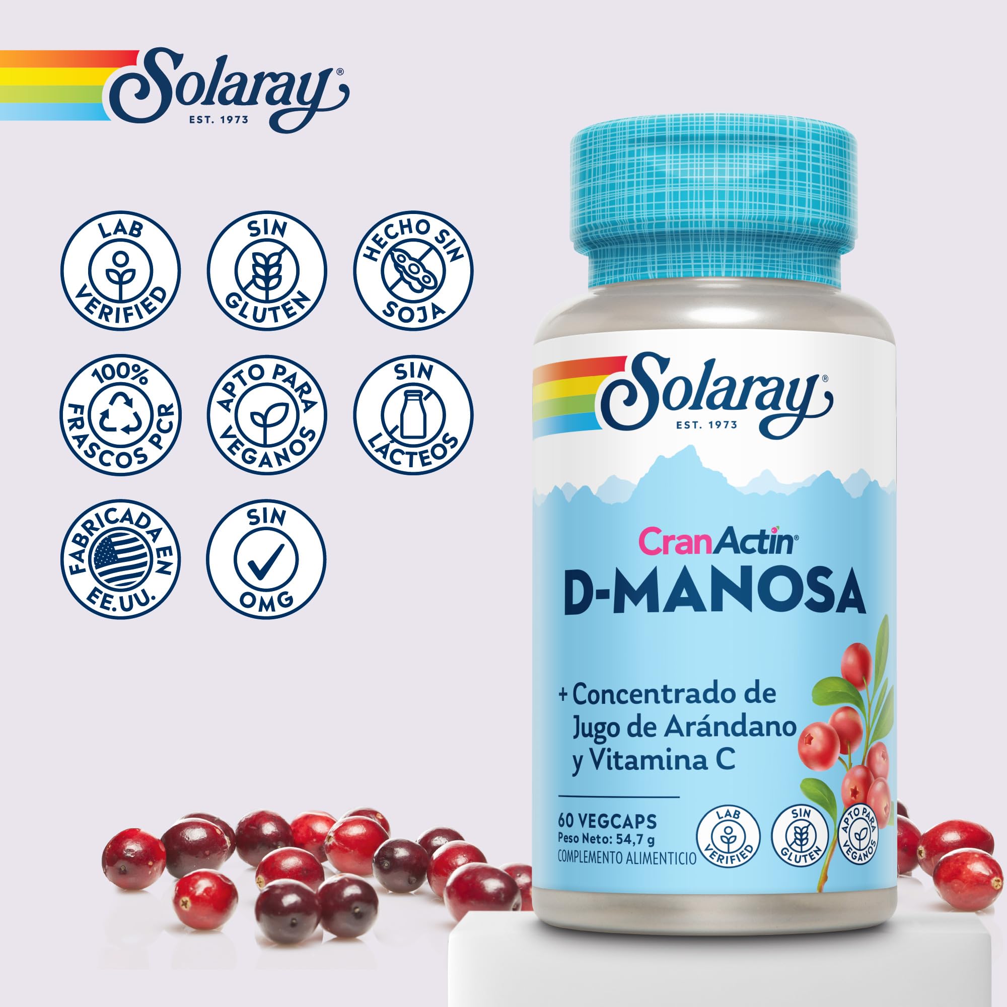 D-manosa con cranactina, arándano y vitamina C, 60 cápsulas veganas, no tabletas, suplemento de manosa D, sin OMG y verificado en laboratorio. Solaray