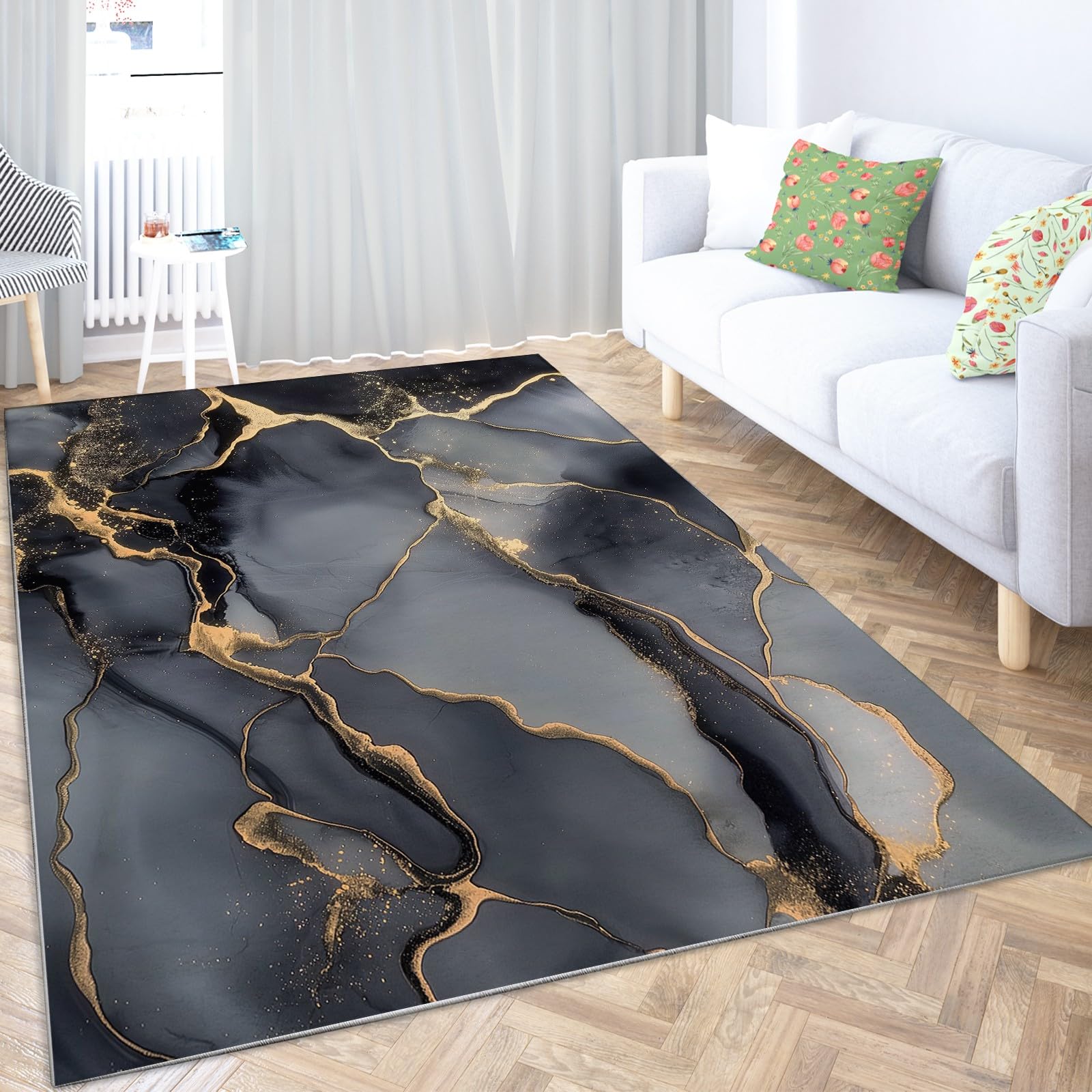 Générique Tapis Chambre 80x150cm Marbre Gris Noir Tapis Salon Doux à Poils Courts, Tapis Lavable en Machine, Moquette Style Imprimé 3D, Tapis Antidérapant Intérieur Moelleux