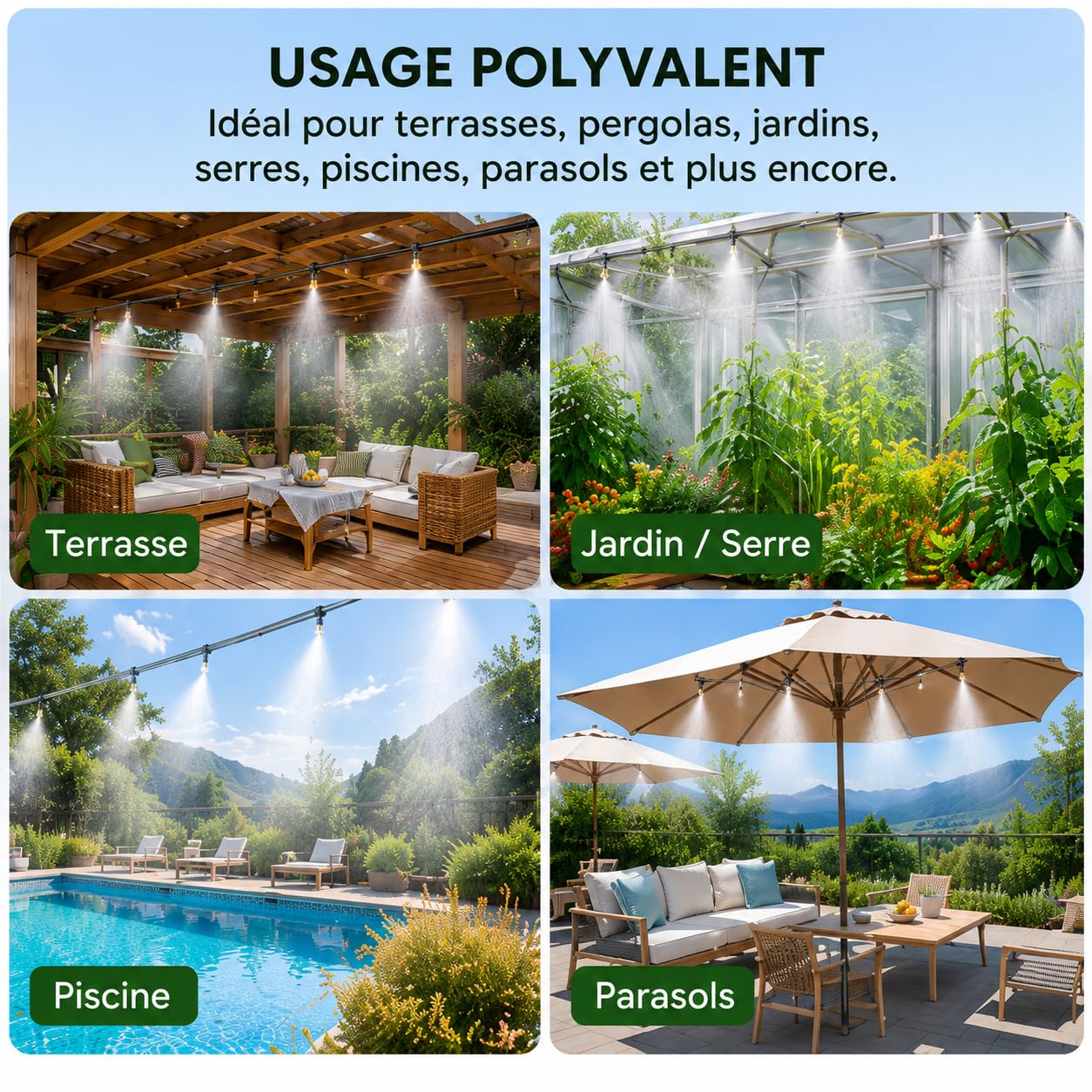 Brumisateur Terrasse Exterieur Kit D’Irrigation, Système De Brumisateur Extérieur, Système De Refroidissement Extérieur pour Jardin, Serre, Piscine, Parasols et Pergola (25m)