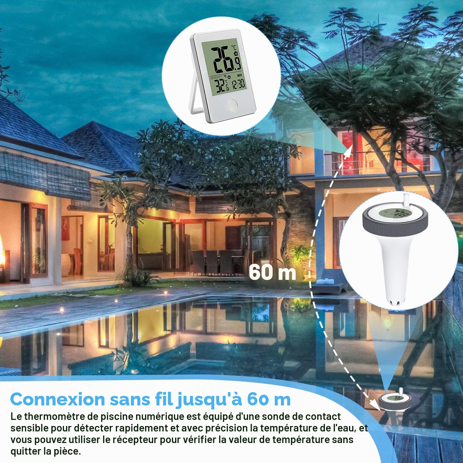 Thermomètre numérique de piscine sans fil : thermomètre flottant avec moniteur de température intérieure, thermomètre de natation pour piscines, aquarium, baignoire, étang, installation