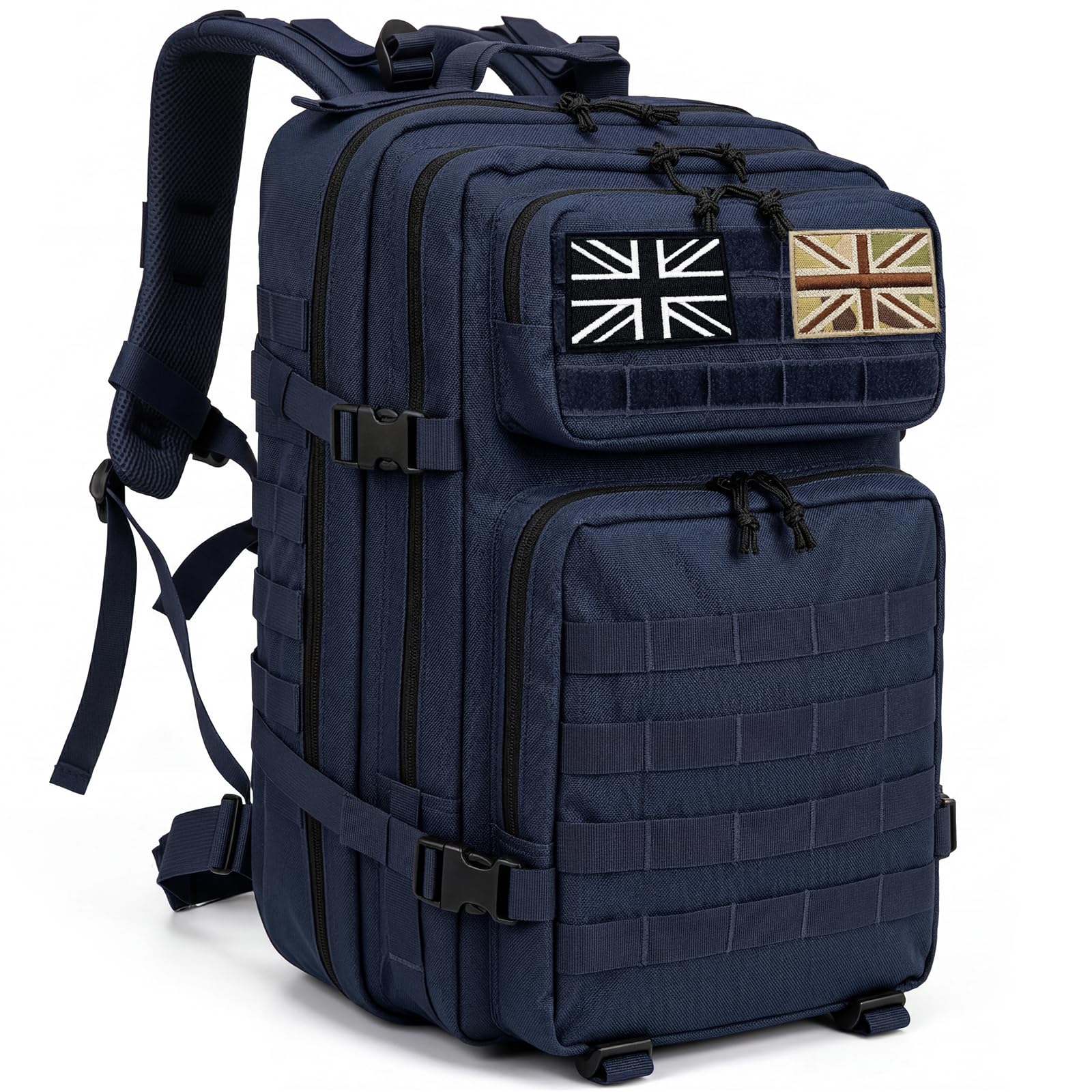 Geebymol 45L Military Tactical Backpacks Large Molle Army Assault Pack 3 Day Bug Out Bag Laptop Bag for Hiking Treeking Black Hunting Rucksack with 4 Flag Patches (Blue)