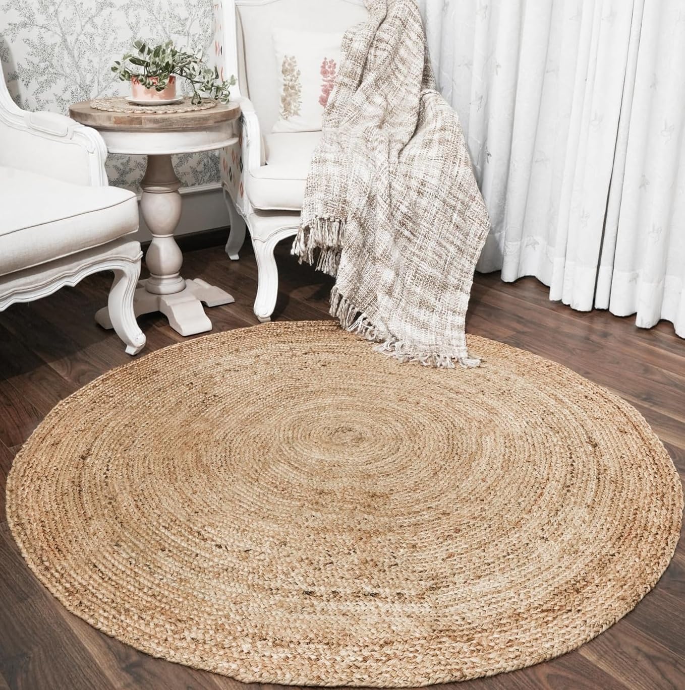 Natural Fibers Round Jute Rug 6 Feet Hand Braided Jute Patio Area Rug