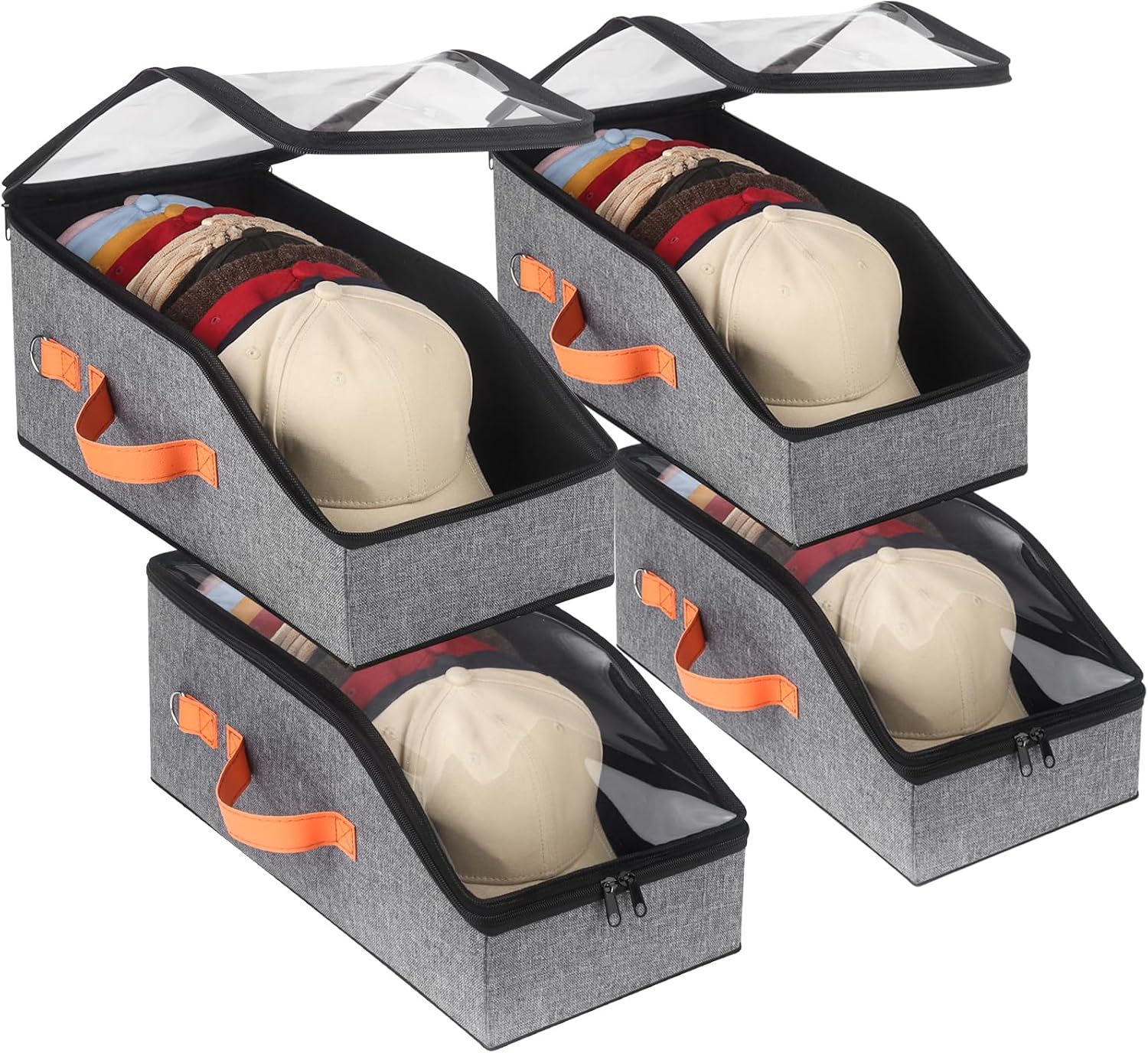 Baseball Cap Organizer - 4pcs, Hat Storage Box and Closet Organizer with Hooks and Adjustable Straps Gray - 4 Pcs