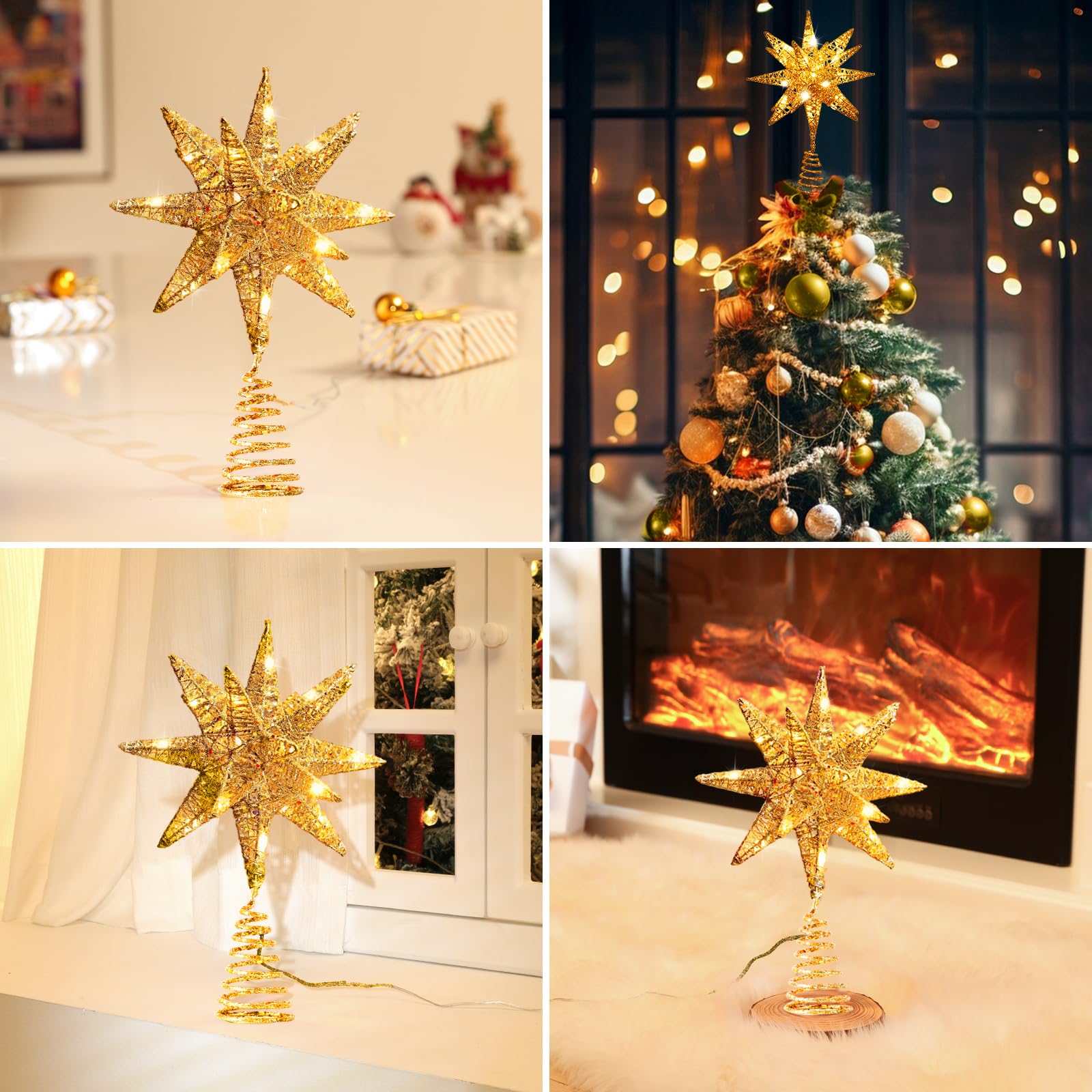 Lewondr Estrella para Árbol de Navidad, 11" Enchufable y Control Remoto Estrella de Copa Geométrica 3D Iluminada para Decoración Navideña, Función Temporizador y Cable 5m, Luz Cálida, Oro