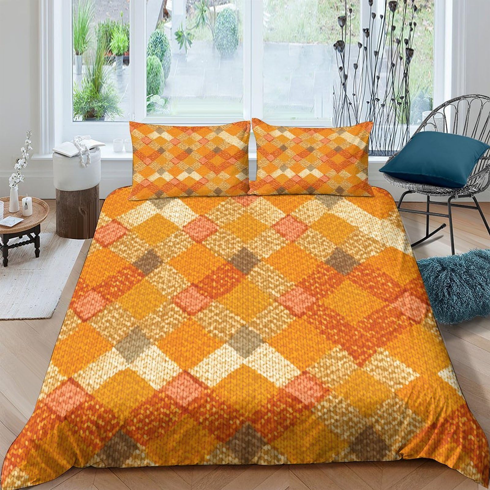 GPLZQXKJNH 3D Printed Orange Patchwork Duvet Cover Microfiber Soft Breathable Geometric Quilt Cover Set with 2 Pillowcases for Bedroom Decor Single（135x200cm）