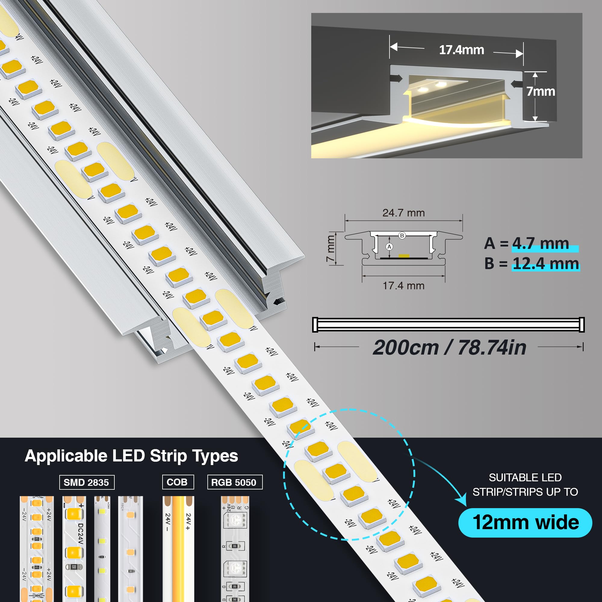 GEEKLUX 10 x Profili per Strisce LED da 2 m in Alluminio (Totale 20 m (WJ012_(24.7 x 7mm)_U_LED≤12mm, 20 x 2m_(40m))