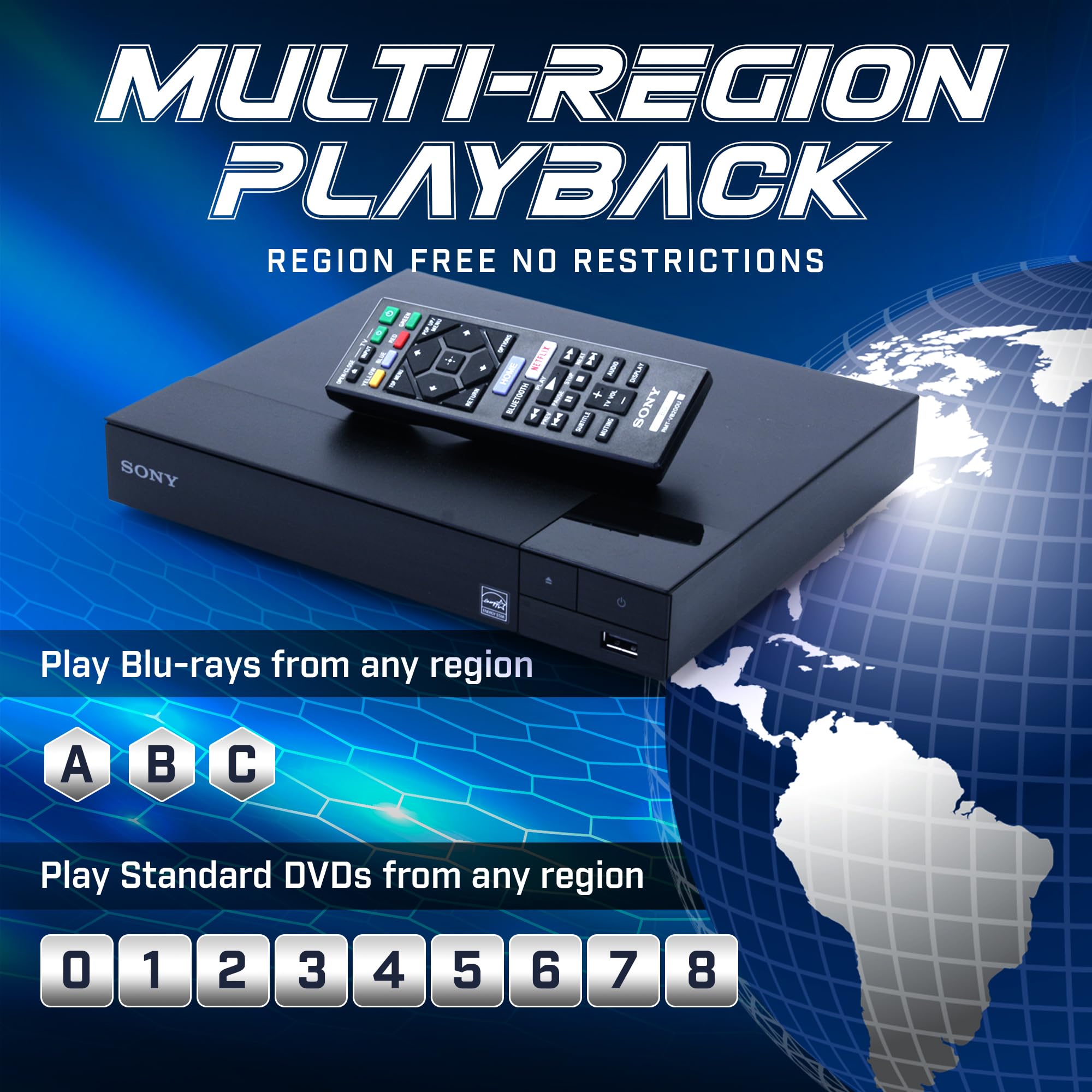 Lecteur Blu-ray Sony BDP-BX370 sans région | Code multi-régions | Blu-ray A B C, DVD 0-7 | Streaming WiFi | Dynastar 1,8m HDMI inclus