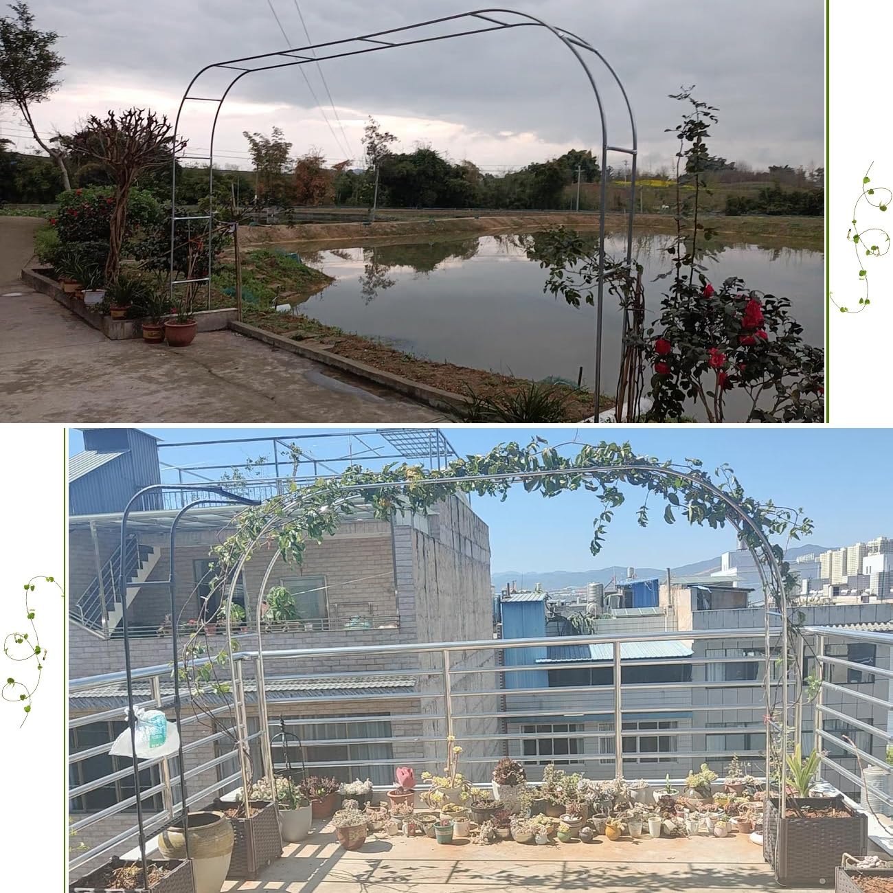 Stahlrahmen, Gartenbogen, Rankgitter für den Außenbereich, Metallbogen mit Rankgitter für Kletterpflanzen, 2,2 m hoch, Gartendekoration (Farbe: Schwarz)