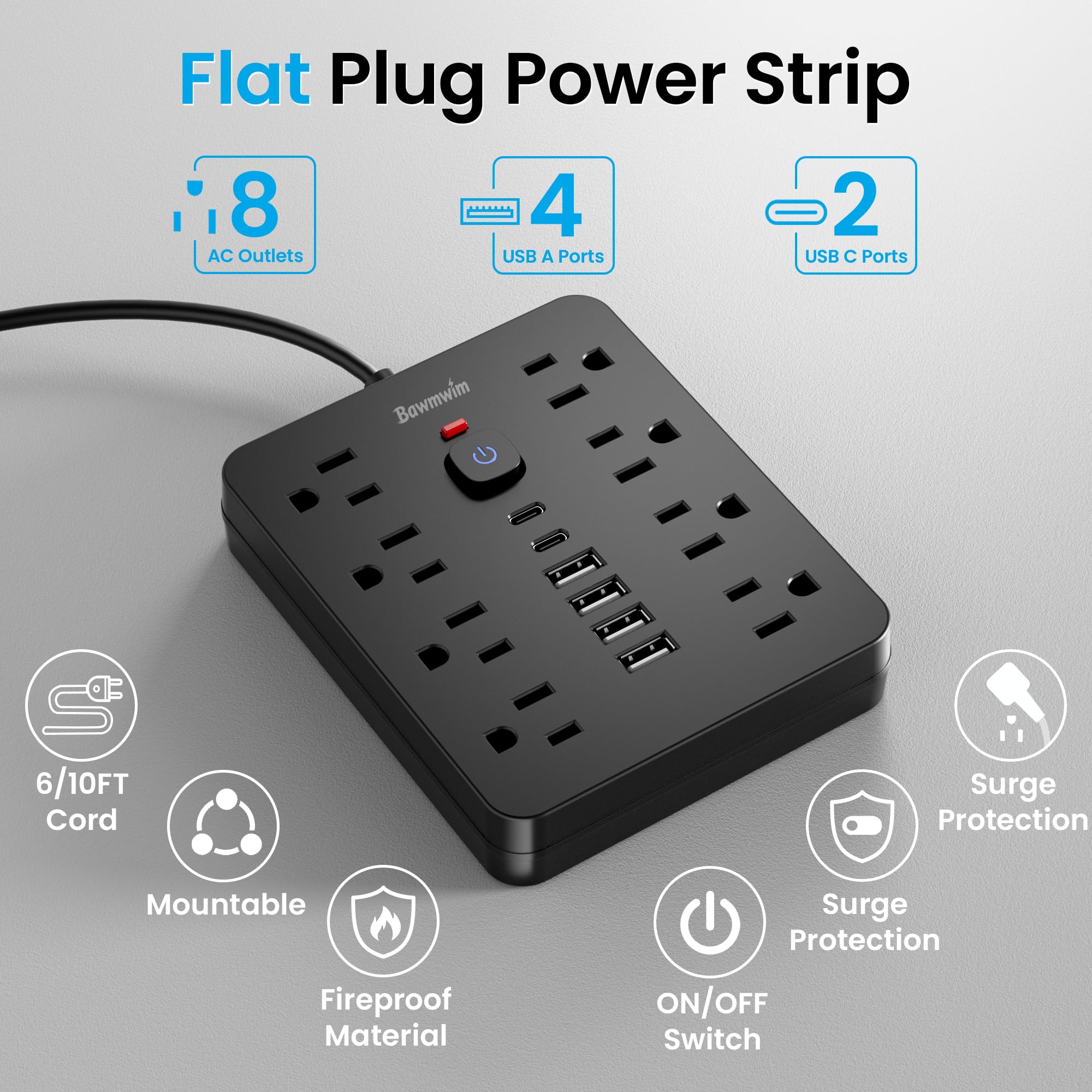 Regleta de alimentación con protector de sobretensión, 8 salidas (1250 W/10 A), 6 puertos de carga USB (2 USB C), cable de extensión de enchufe plano de 6 pies con protección contra