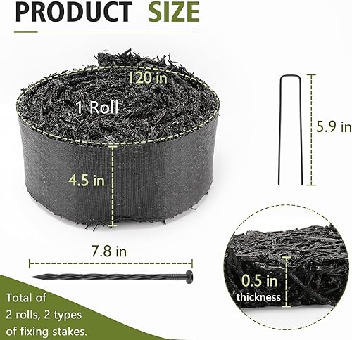 Miniatura 4 de LukLoy Paquete de 2 mantillo de goma negra de 120 pulgadas de largo x 4.5 pulgadas de ancho para paisajismo con estacas de fijación, rollo de tapete