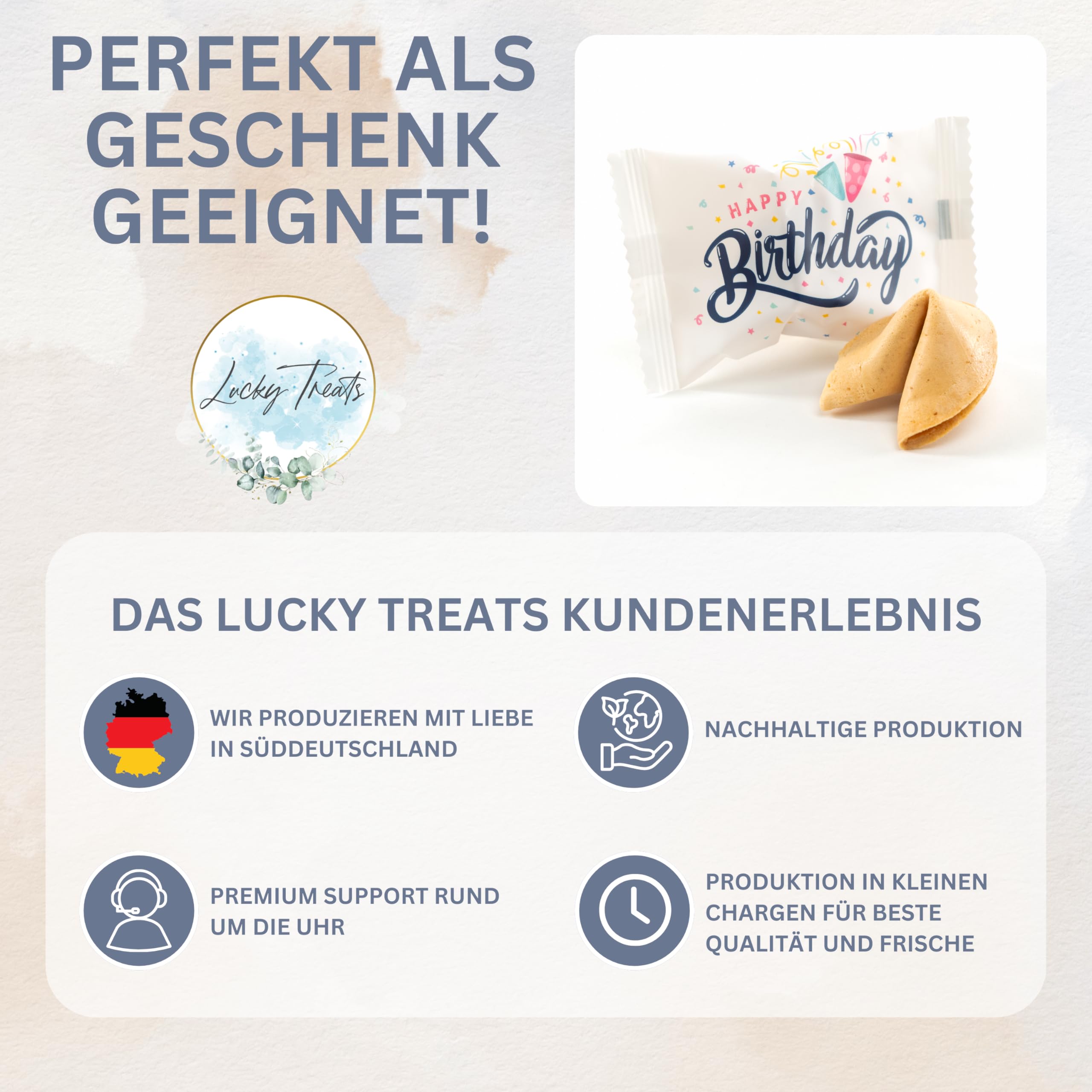 Lucky Treats - Geburtstags Glückskekse - 200 Stück - Happy Birthday - Mit liebevollen Botschaften - Perfekt für Geburtstagsfeiern & als liebevolles Gastgeschenk