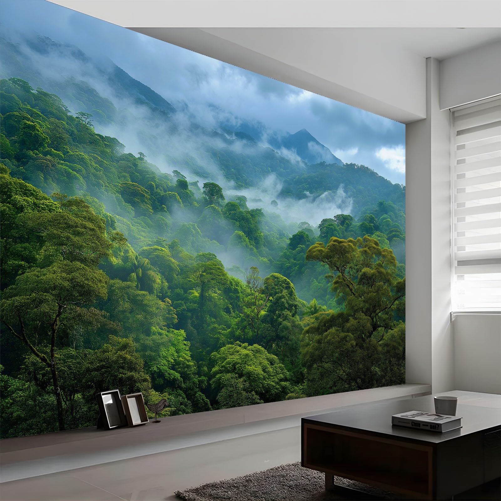 Generisch Carta da parati moderna da parete con foresta sotto la pioggia, tempesta botanica, carta da parati in tessuto non tessuto, per meditazione e yoga, 300 x 210 cm, verde