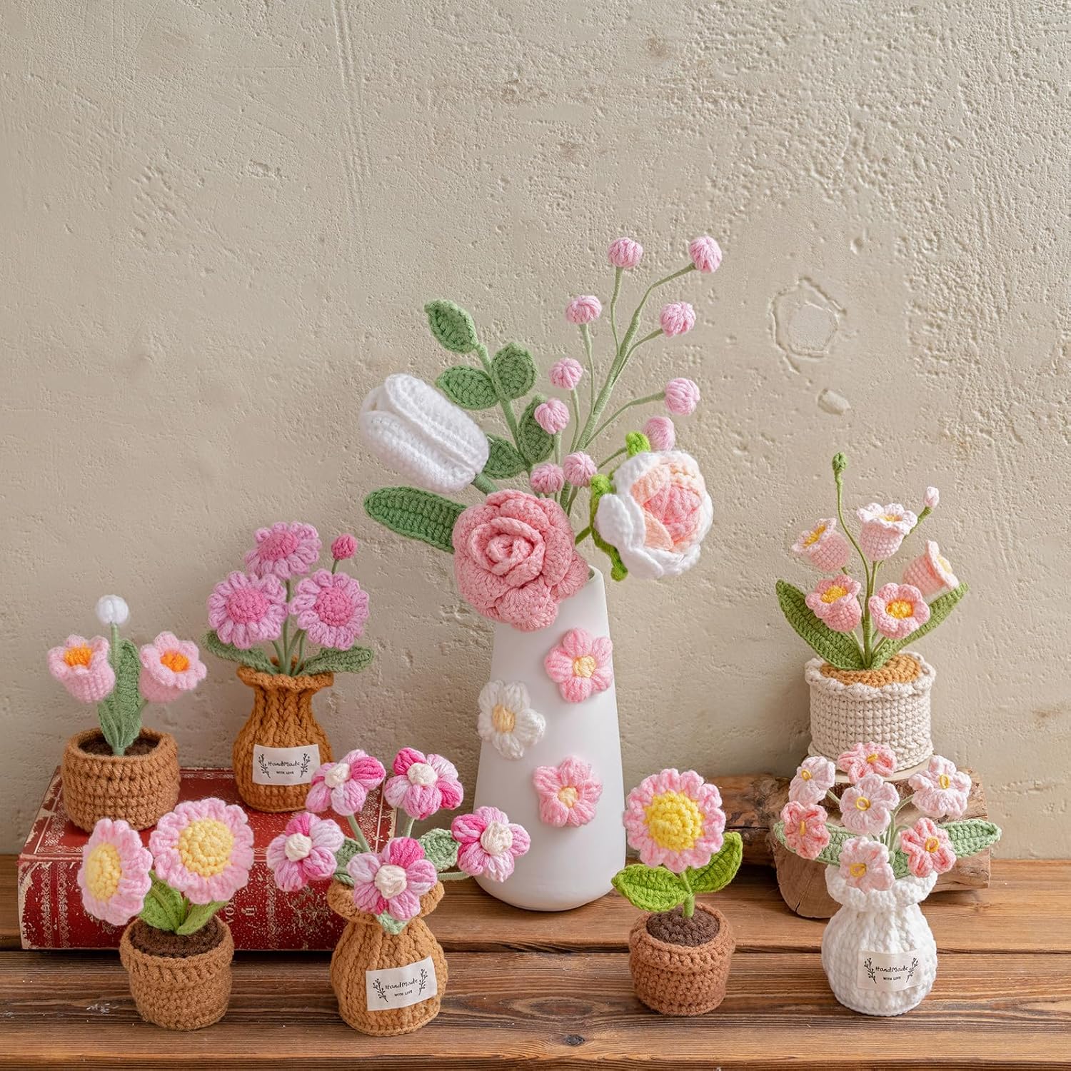 Handmade Crochet Flowers, Small Potted Plants, Knitted Desk Decorations for Home Office Decor, 5 Inches Pink Artificial Flower (Sunflower) - Image 6