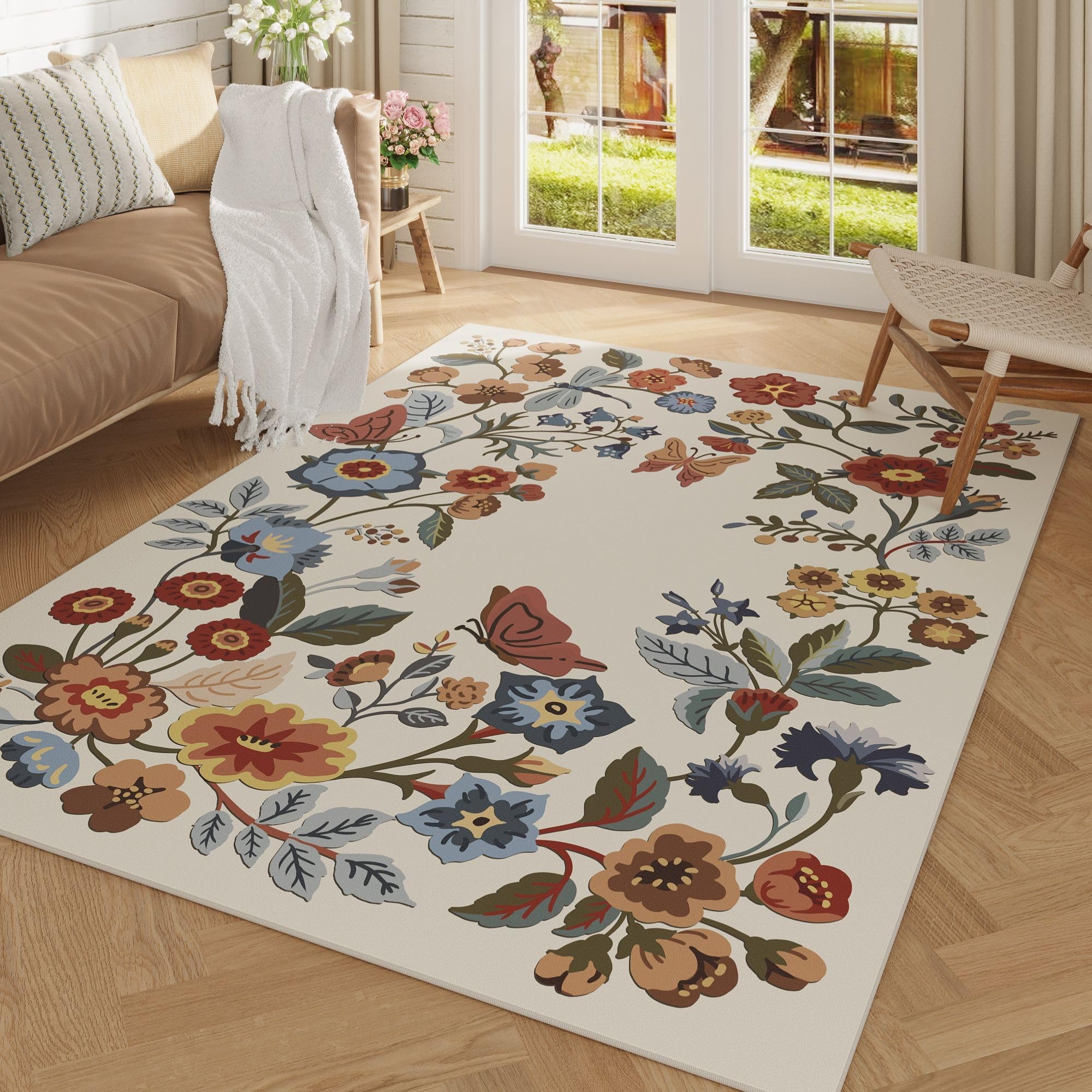 Vowkten Living Room Rug 5x7 Rug Machine Washable Floral Area Rug Non Slip Floral Insect Vintage Low Pile Large Rugs for Living Room, Bedroom,