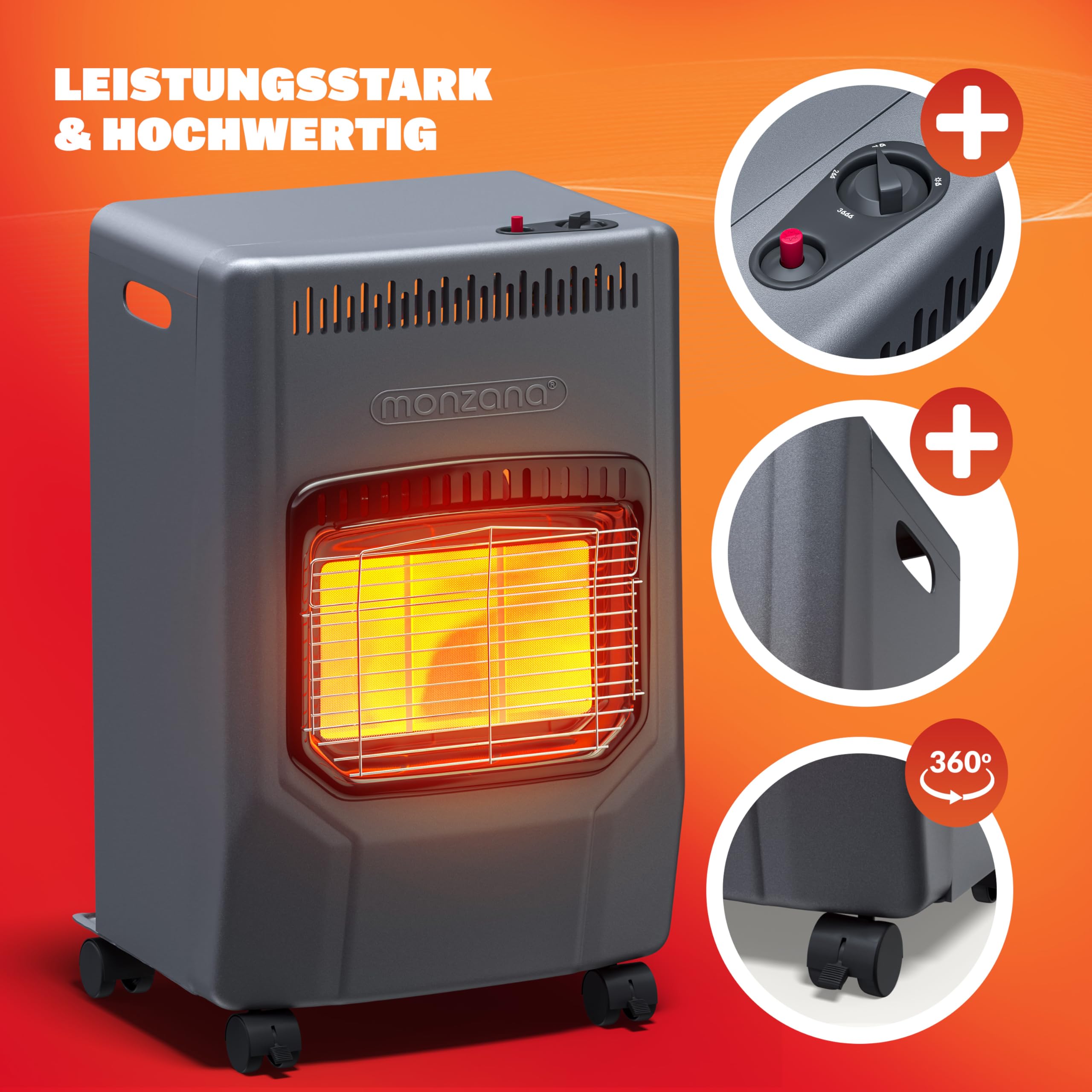 MONZANA® Gasheizung GH4500 Innenräume 4200W Gasofen 3 Heizstufen inkl. 50cm Gasschlauch Gasdruckregler Keramikheizplatten Camping Gasheizofen mobil