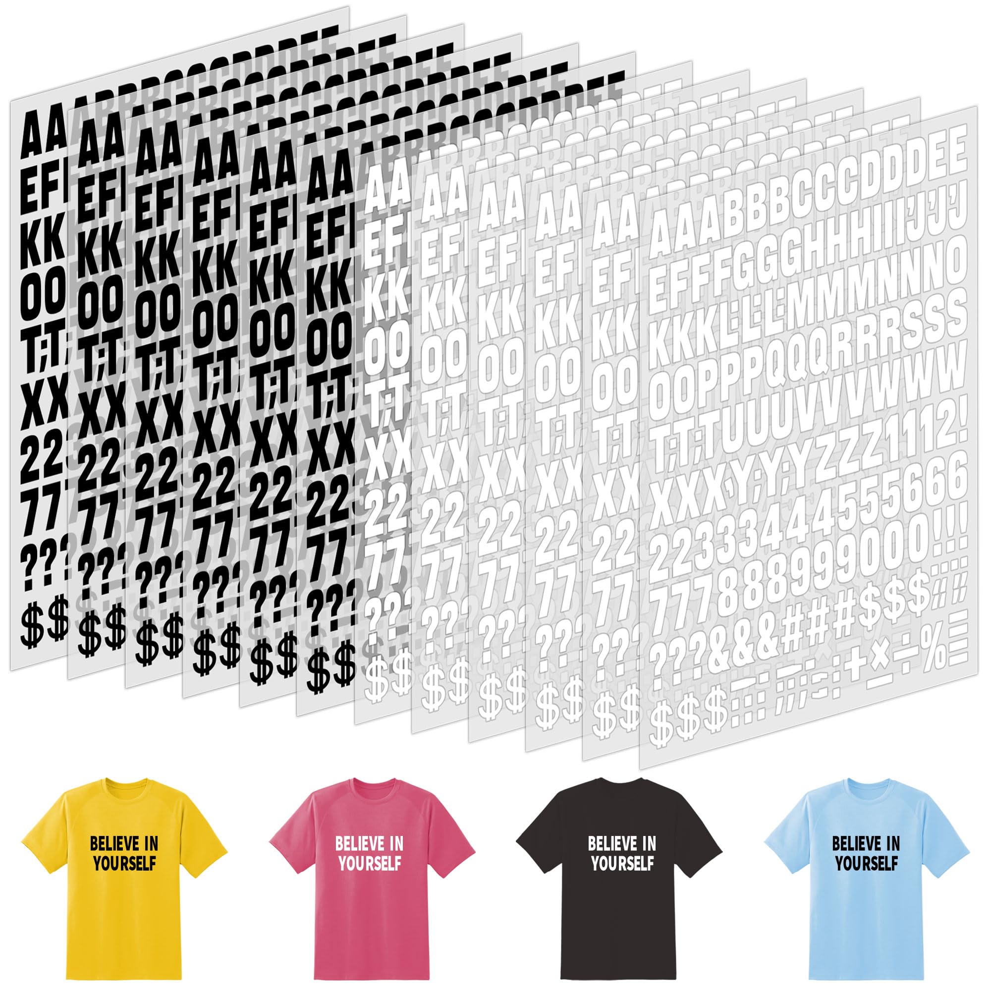12 Sheets 2088 Pieces Iron on Letters and Numbers for Clothing,1 Inch Vinyl Iron on Letter Patches with Alphabet PU Heat Transfer Letters Stickers for T-Shirt Fabric Jersey DIY Crafts,Black and White