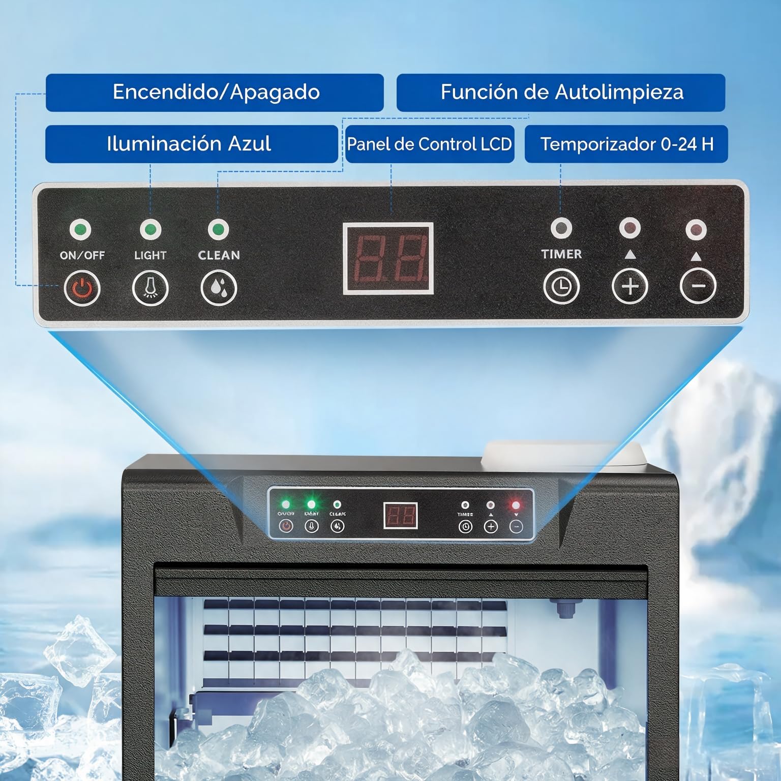 ROVSUN Máquina para Hacer Hielo 50KG/24H, Cubitos 5x10, Cuerpo Acero Inoxidable, Uso Comercial, para Restaurante, Hotel, Bar y Eventos