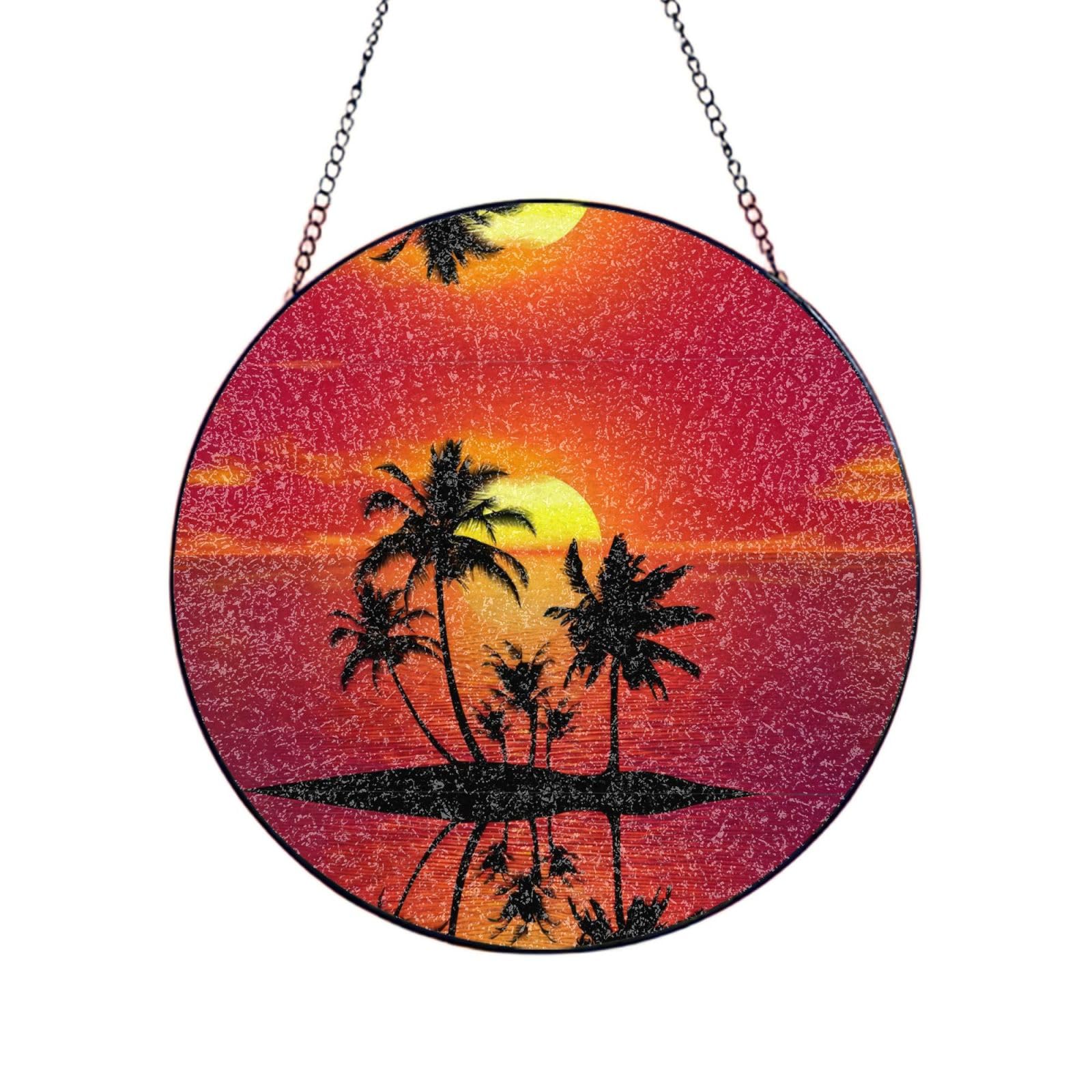 Phayah Tropical Sunset Print Glass Window Hanging Round Suncatcher Glass Ornament Garden Wall Fence Decorations Indoor Outdoor 10in（25cm）