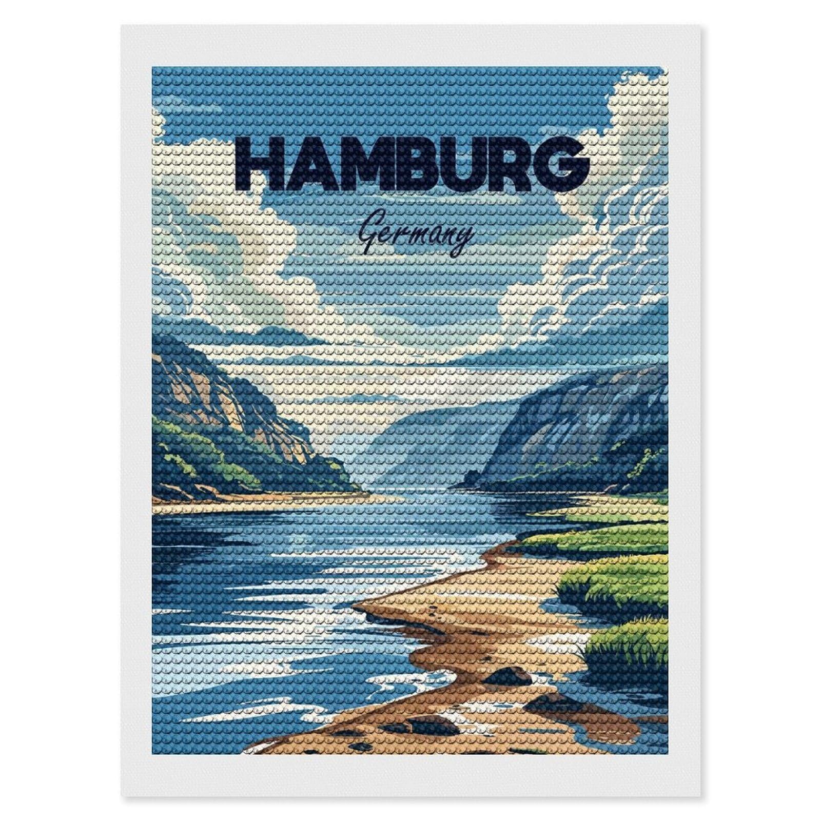 Junmoney Hamburg Germany Travel DIY Diamond Art Canvas Kit 12"x16", Adhesive Canvas, Easy to Enjoy, Farmhouse Decor, Festive Craft Gift