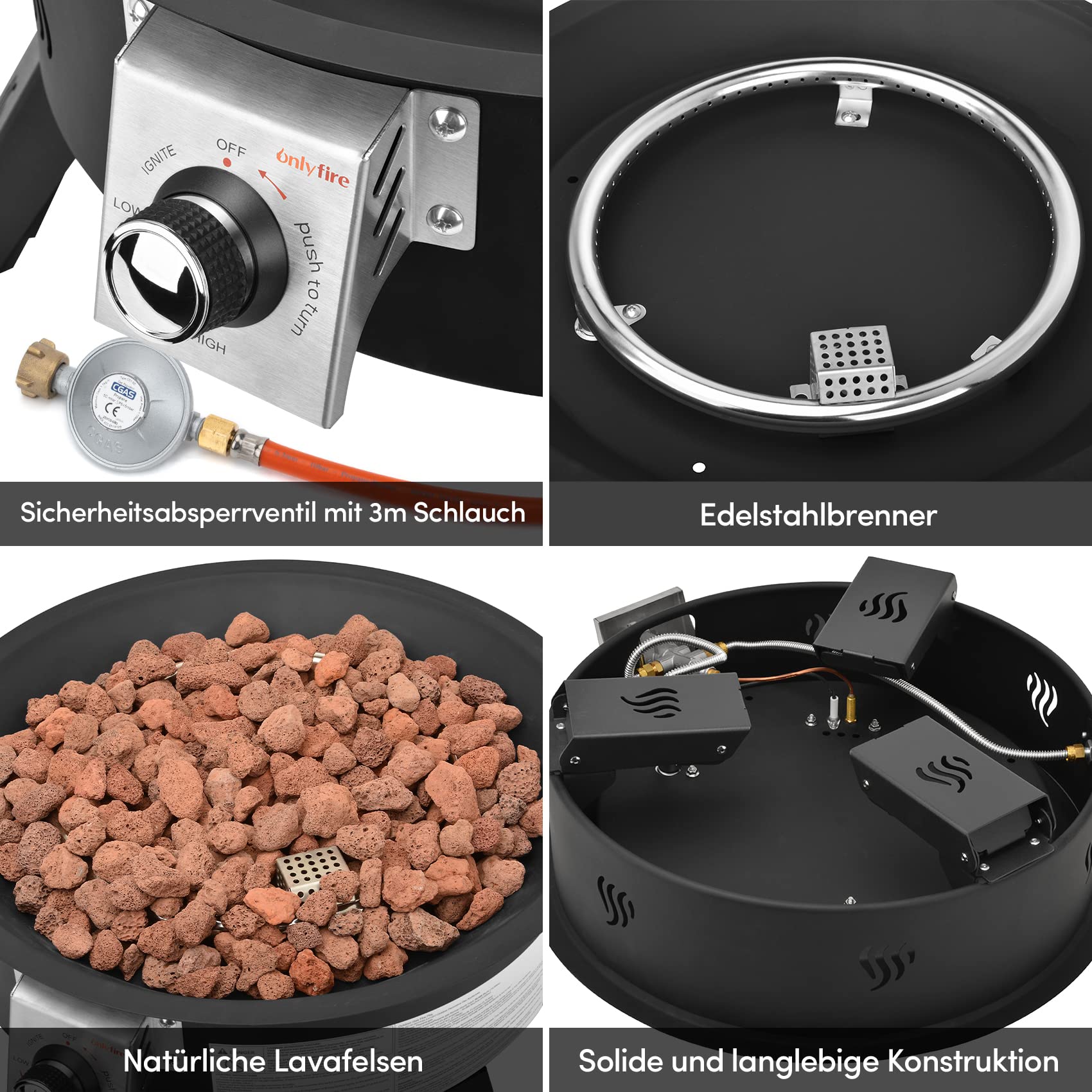 Onlyfire Tragbare Gas-Feuerstelle mit 4kg Lavastein, Ø 49 cm Outdoor Feuerstelle Gas mit höhenverstellbarem Fuß, Feuerschalen für Camping Lagerfeuer Picknick Hinterhof