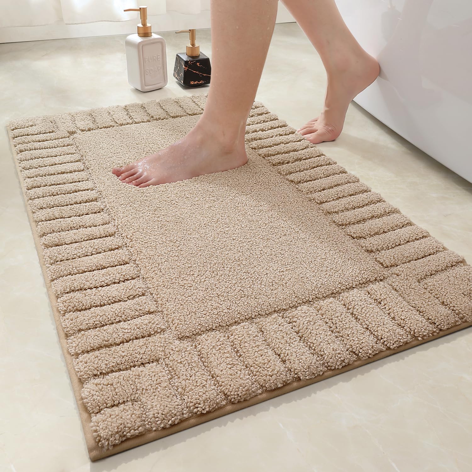 DEXI Bath Mat Bathroom Rugs Shower Bathmat Absorbent Washable Carpet Mats for Floor Non Slip 20"x32" Beige