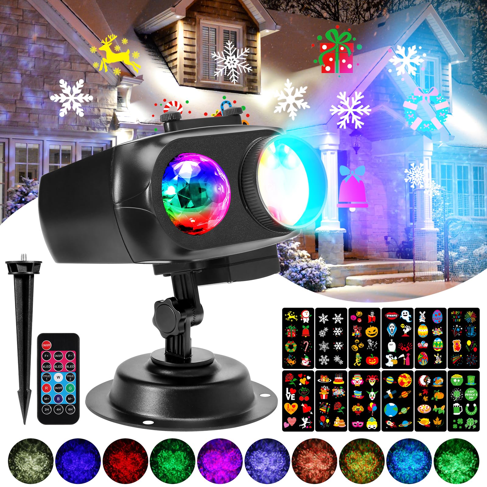 B-rightChristmas Projector Lights Outdoor, 2 in 1 HD Holidays Projector Lights Outdoor with 12 Slides 96 Patterns 10 Ocean Wave Remote Timer LED Snowflake Projector for House Party Indoor Decorations