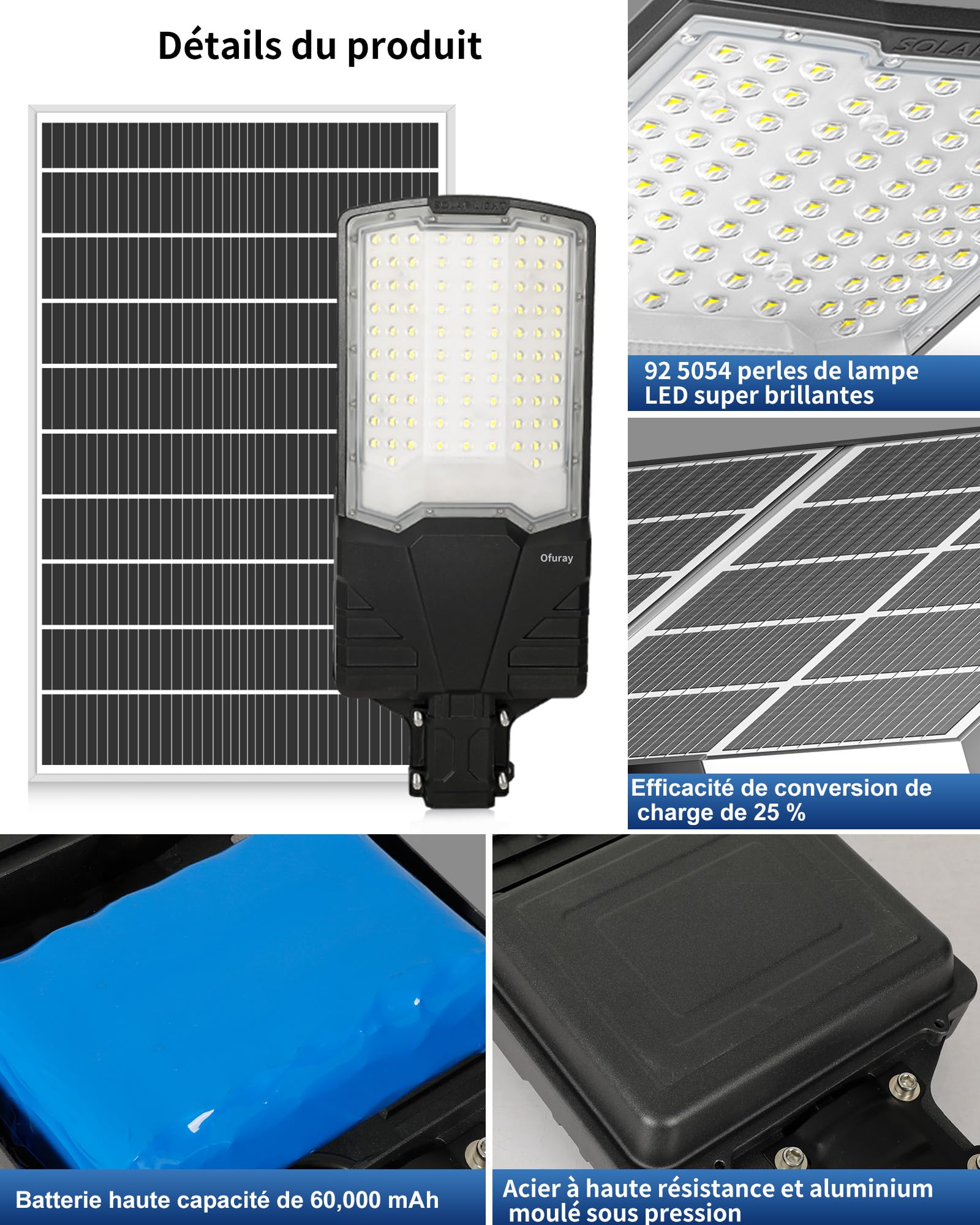 Ofuray OL-18200W Lampadaire Solaire Exterieur, Projecteur Led Solaire Extérieur, IP67 Étanche Eclairage Lampe Exterieur Puissante pour Jardin, Garage, Cour