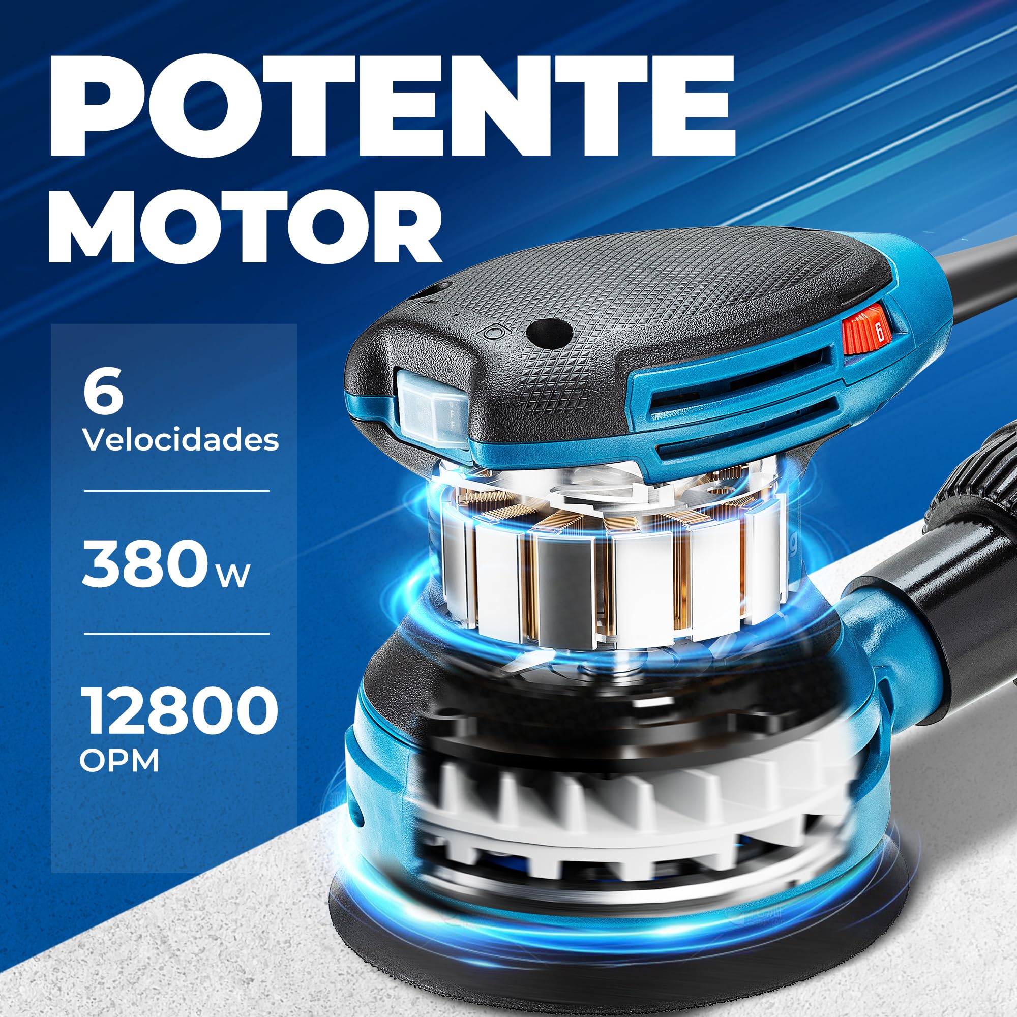 DongCheng Lijadora orbital 380W, lijadora Electrica de 125mm, 6 velocidades 8.000-12.800 rpm con colector de polvo y 20 lijas, ideal para trabajos profesionales de carpintería y lijado