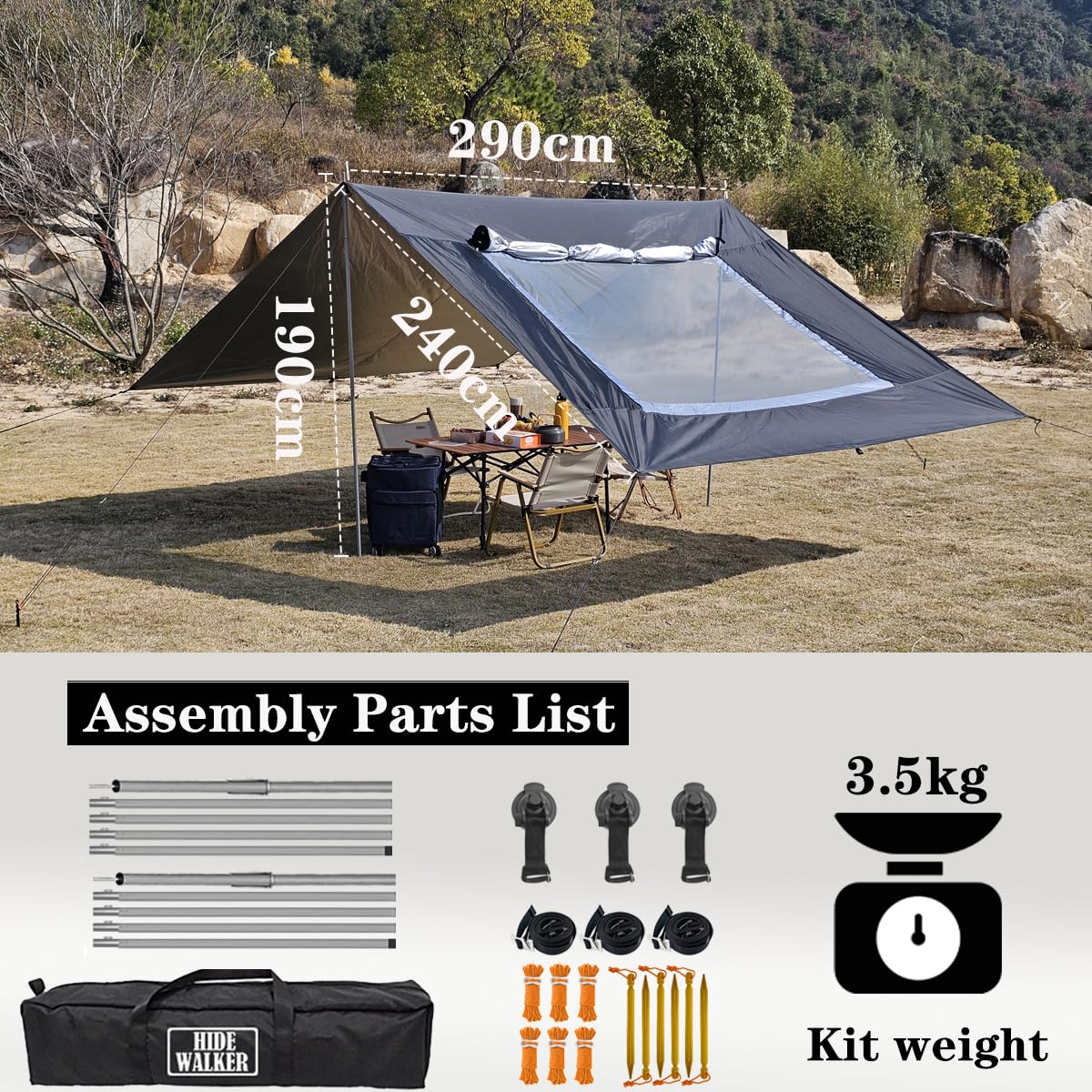 Tenda da Campeggio 3x5 per Van Caravan Portico Impermeabile e Antisole Abside Tende da Sole per Porta Posteriore Tarp da Campeggio con Palo (Nero, 3x5m)