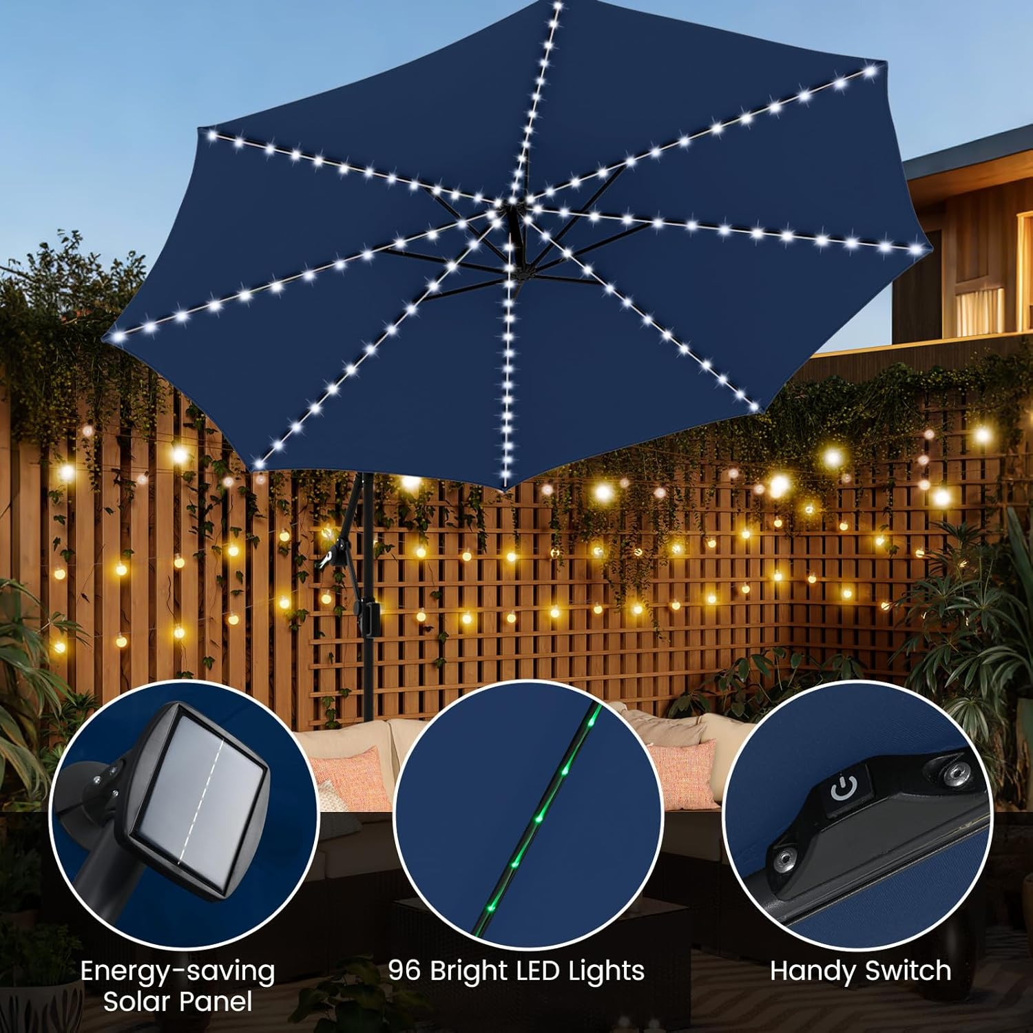Close-up images showing the energy-saving solar panel, the 96 bright LED lights embedded in the ribs, and the handy control switch.