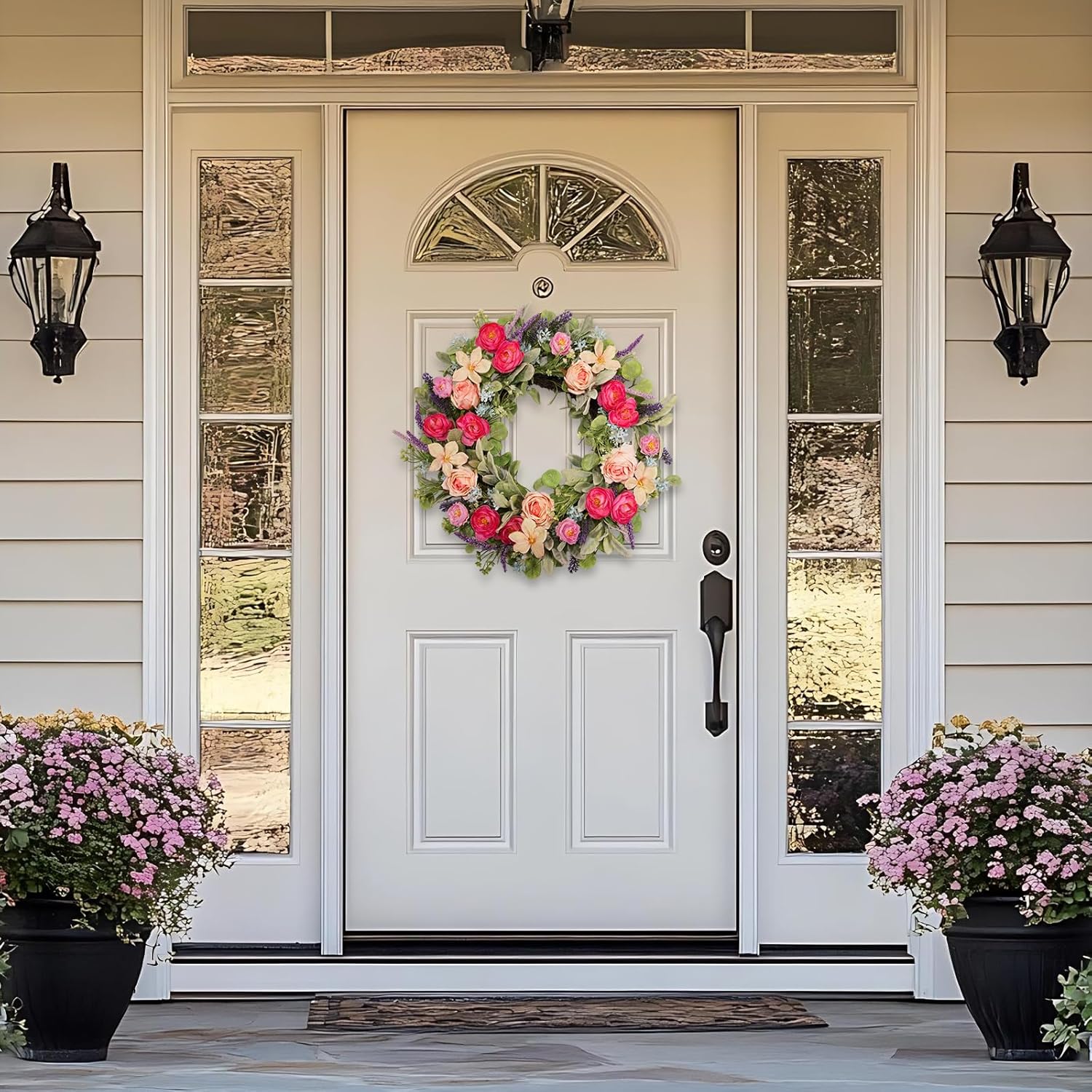 24 Inch Spring Wreath for Front Door, Magenta Pink Rose Floral Wreath with Lavender, Eucalyptus, Lamb's Ear and Blue Wildflowers, Silk Summer Wreath for Home Porch Wall Window Seasonal Decor