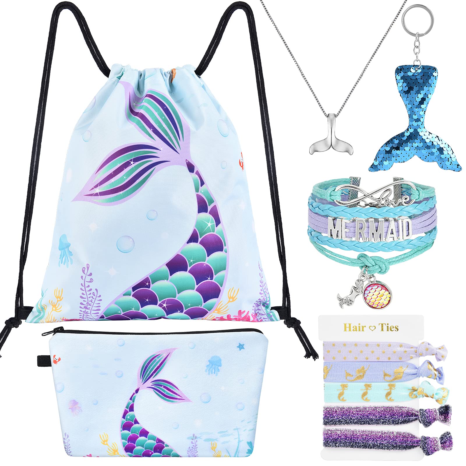 WERNNSAI Mochila Con Cordón Unicornio - Regalos Unicornio Para Niñas Cumpleaños Navidad 9 Piezas Bolsas Gimnasia Cordón Que Incluyen Bolsa Cosméticos Llavero Collar Unicornio Pulsera Lazos
